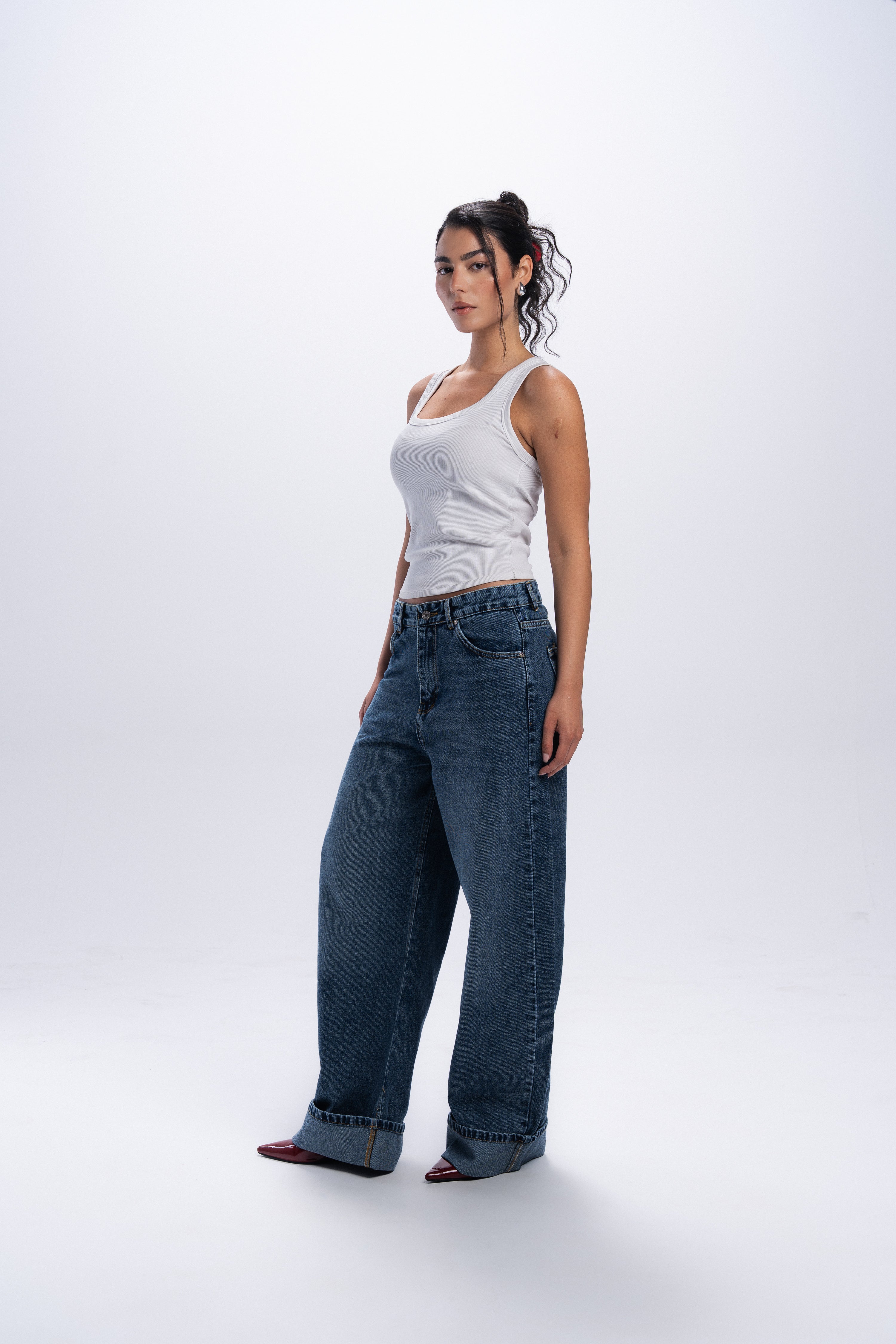 Baggy Folded Mid-Waist Jeans - Blue