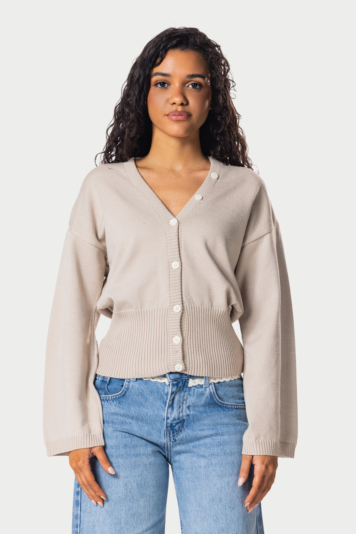 Wide Sleeve Knitted Cardigan – Beige | Eighties