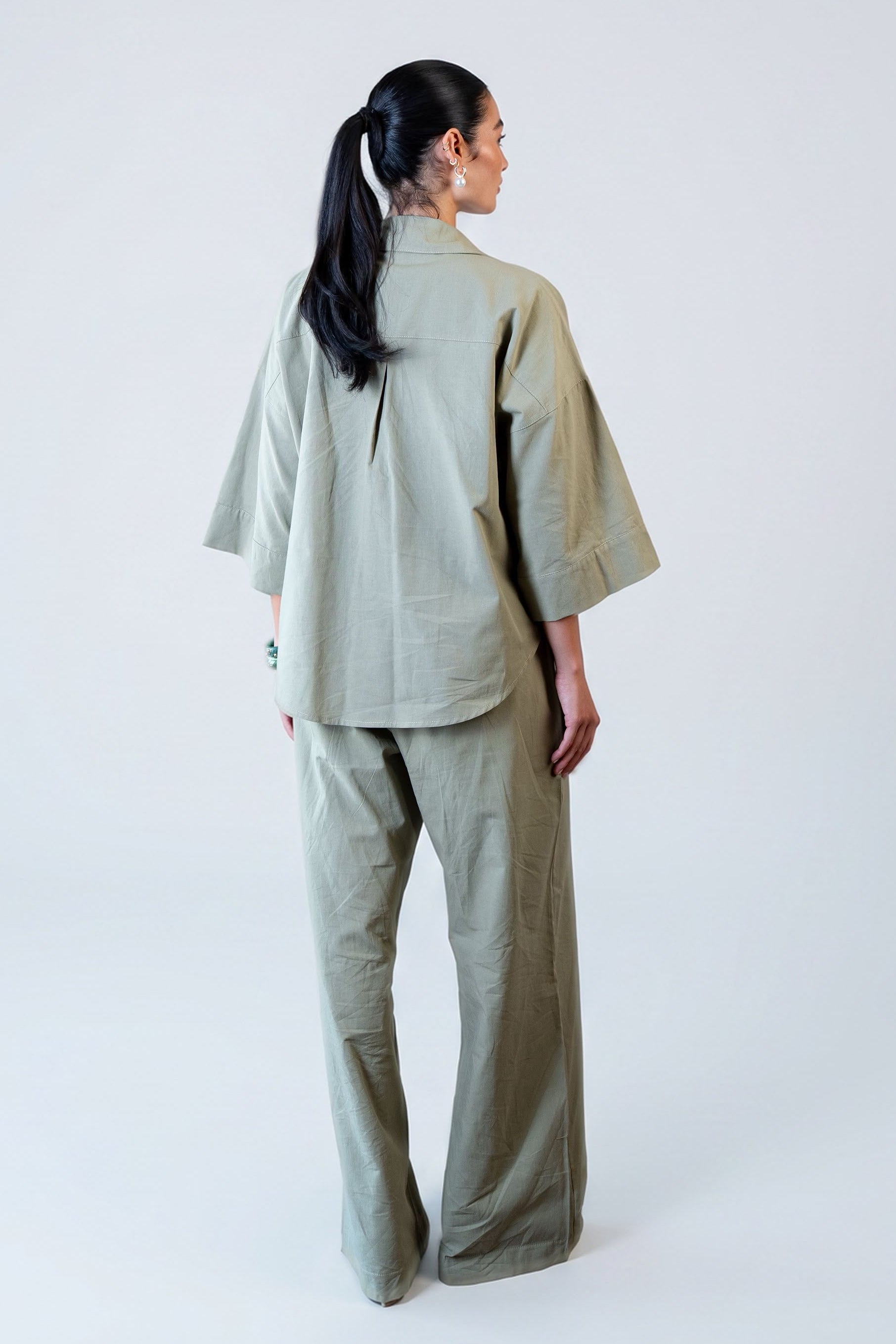 Wide Sleeve Linen Chemise -Olive