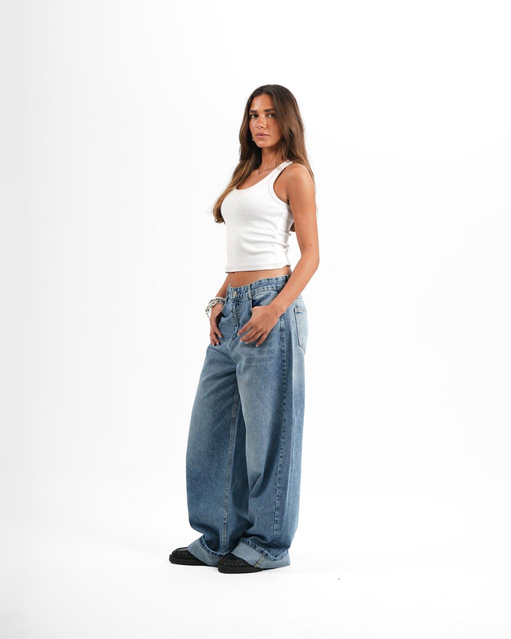 Baggy Folded Mid-Waist Jeans - light blue