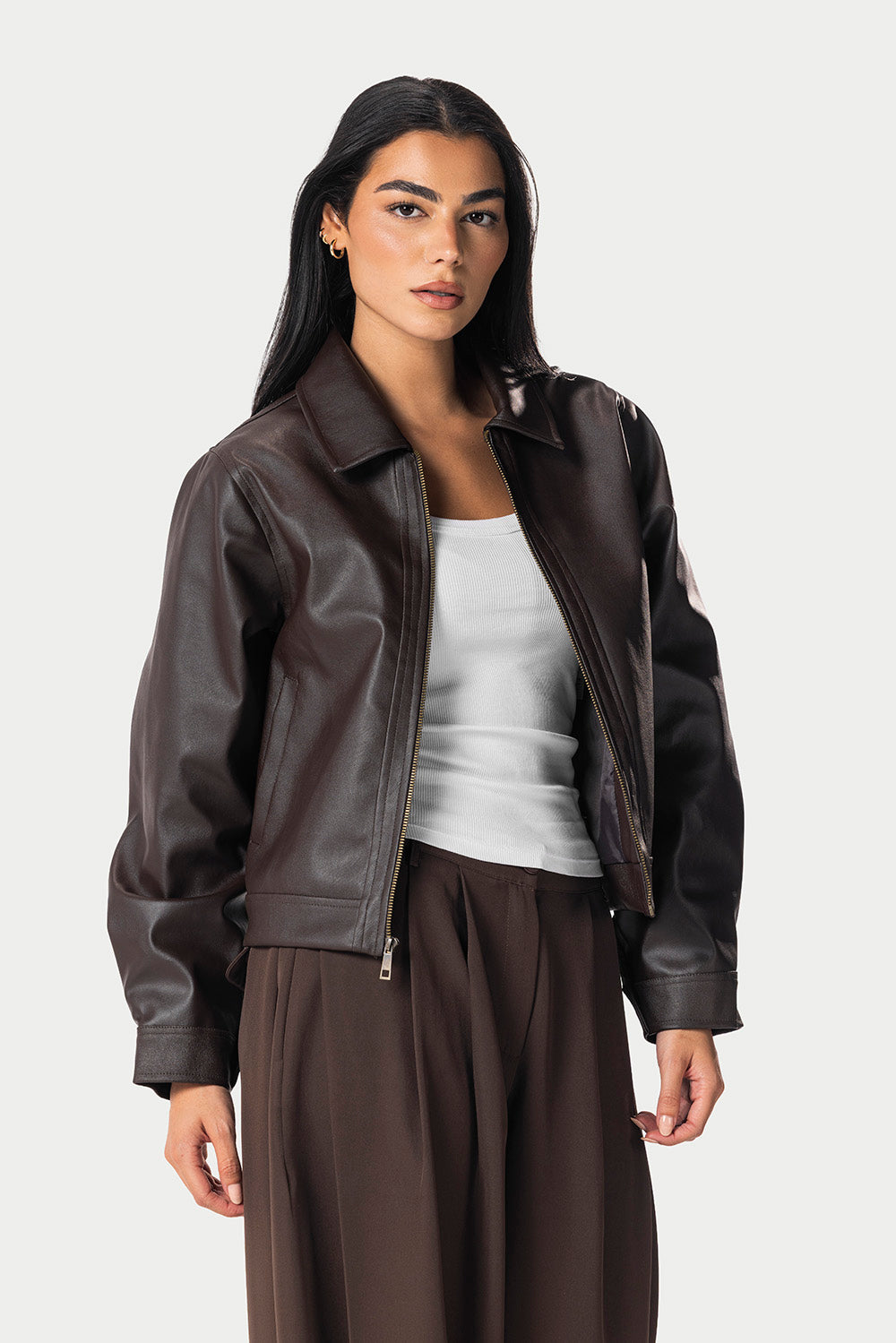 Cropped Leather Jacket – Brown | Eighties