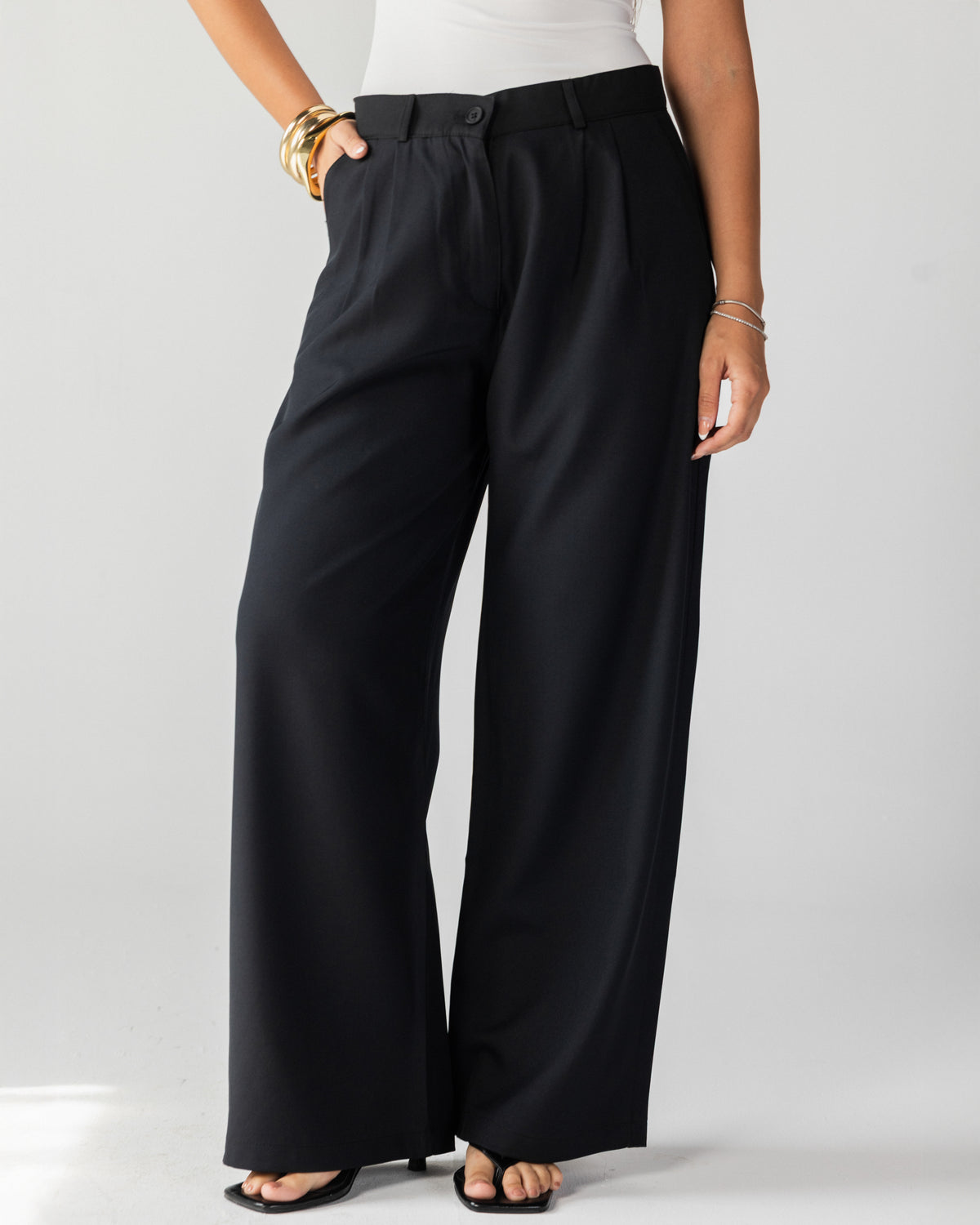 Wide Leg Tailored Pants-Black