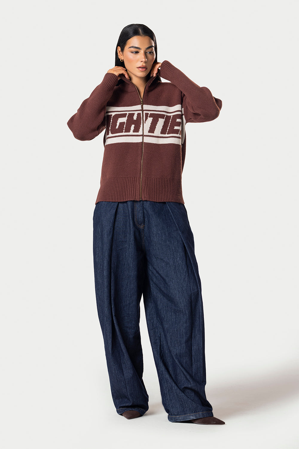 Eighties Zip Up knitted Sweater – Brown – photo 7