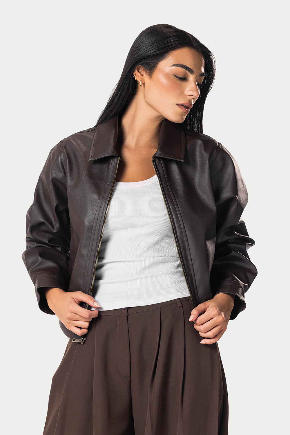 Cropped Leather Jacket – Brown – photo 2