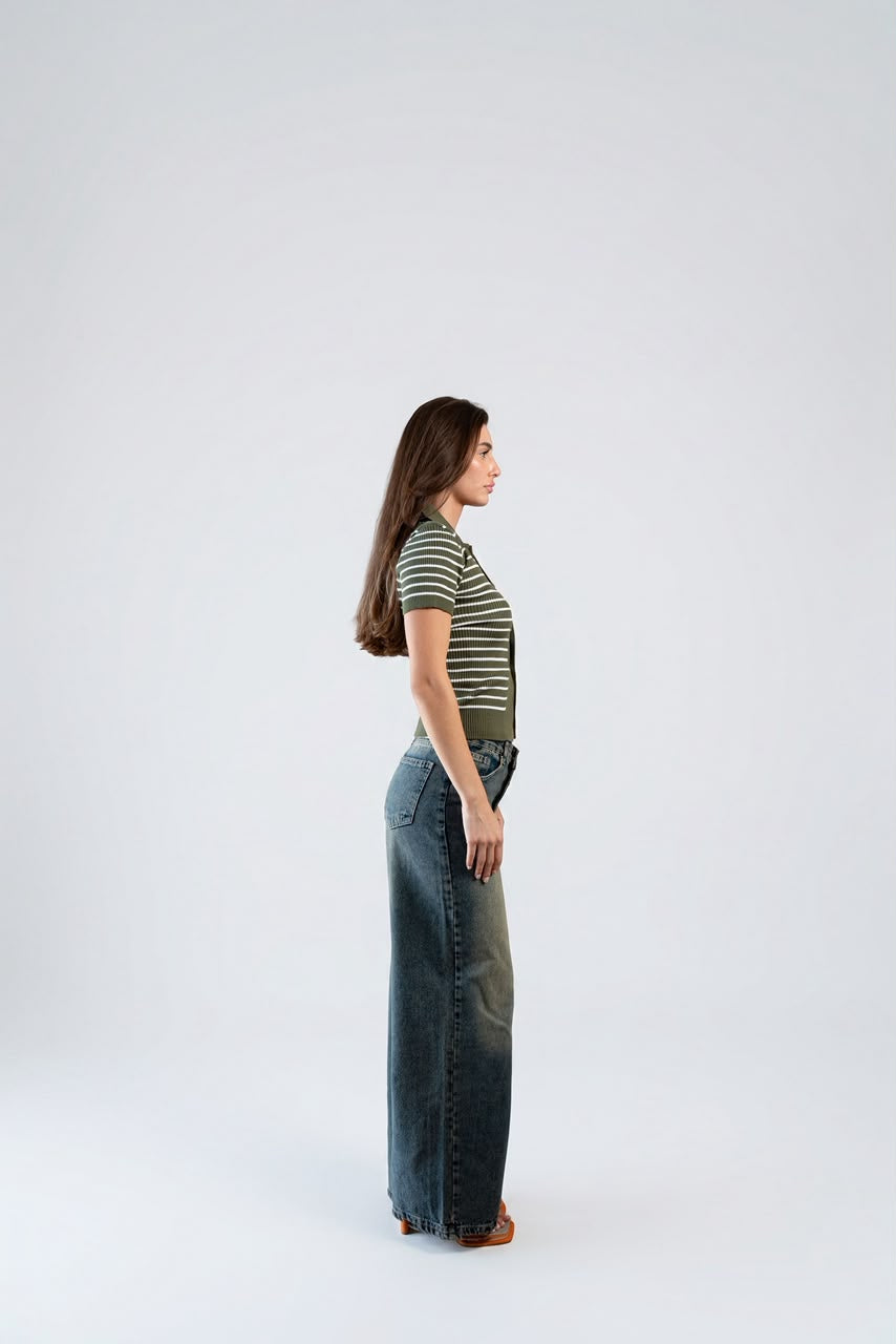 Buttoned Striped Knit Top - Olive cream