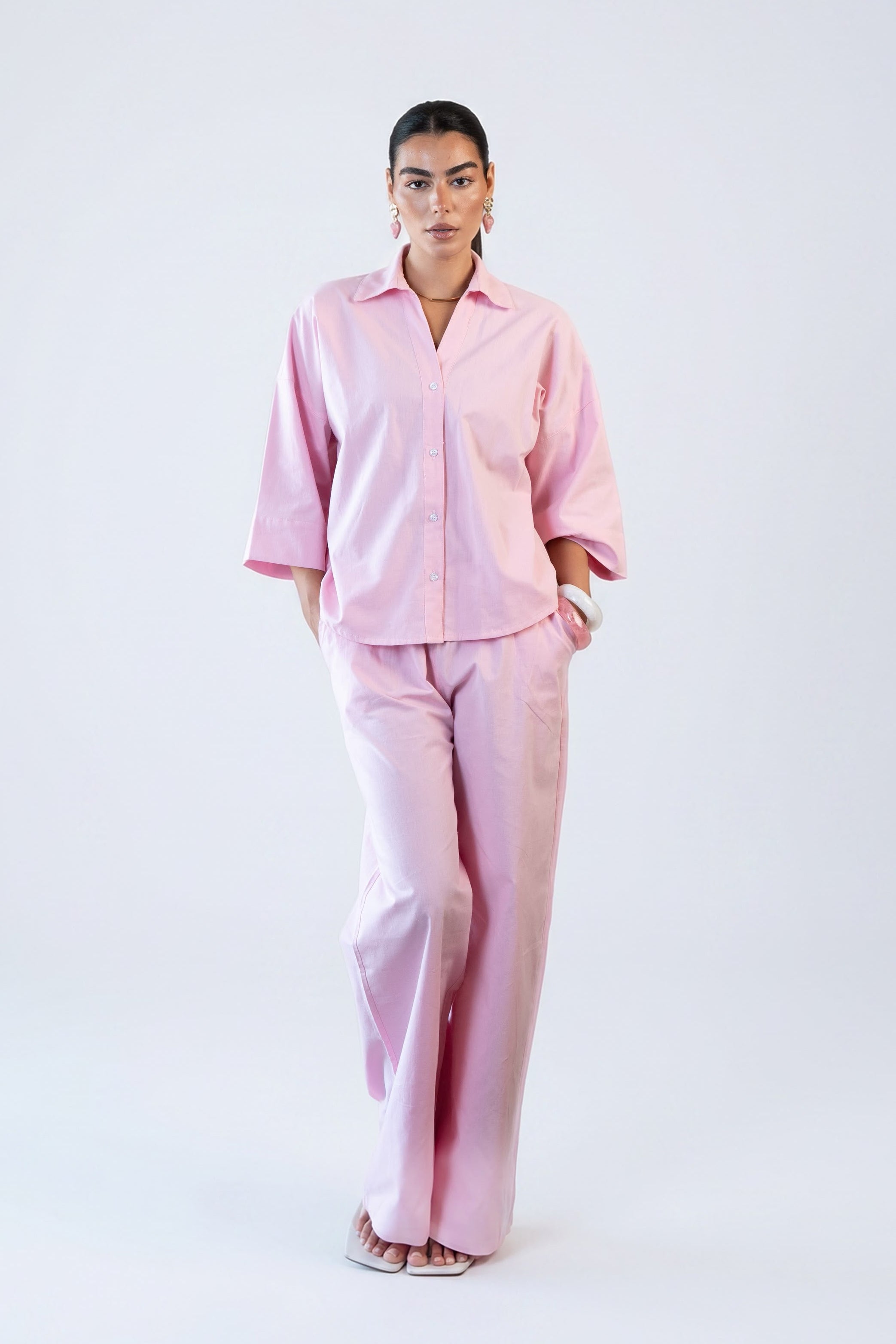 Wide Sleeve Linen Shirt - Pink