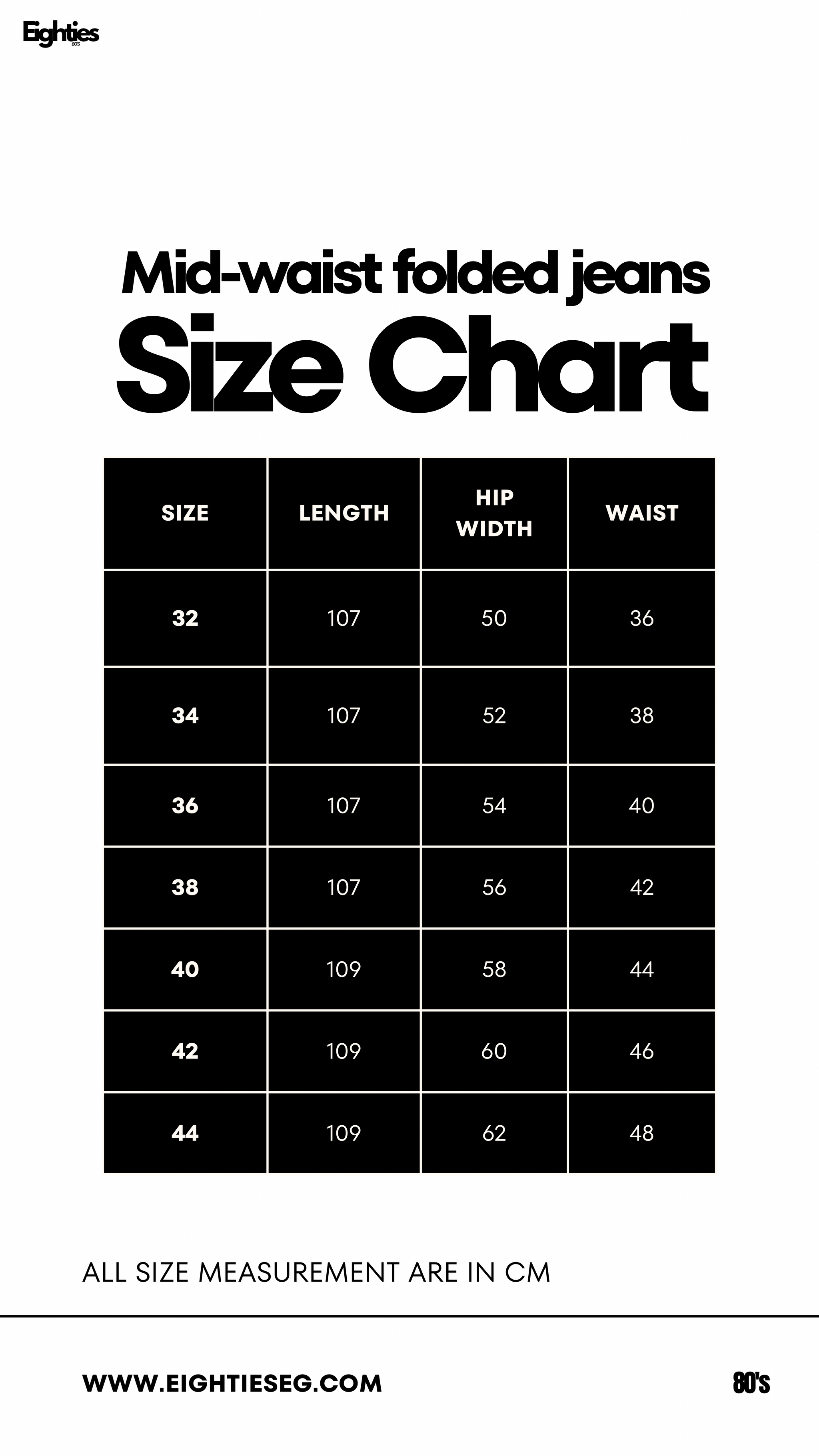 Baggy Folded Mid-Waist Jeans - vintage mid blue — Size chart