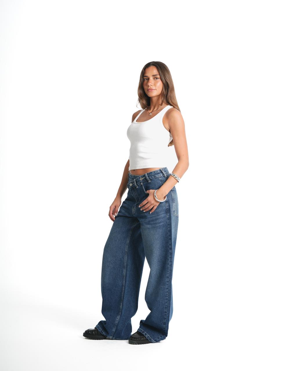Cross-over waist wide leg jeans
 - Blue