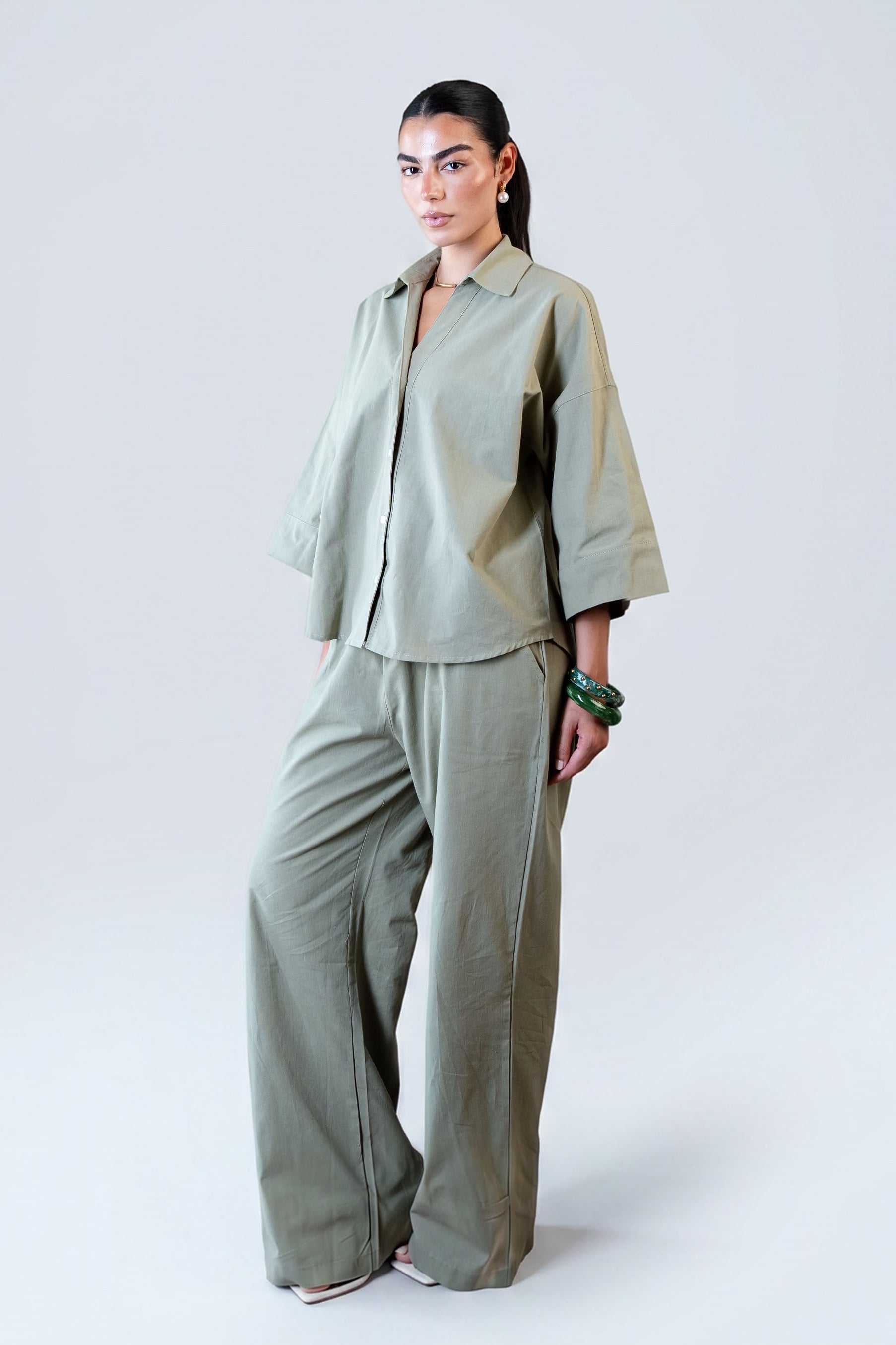 Wide Sleeve Linen Chemise -Olive