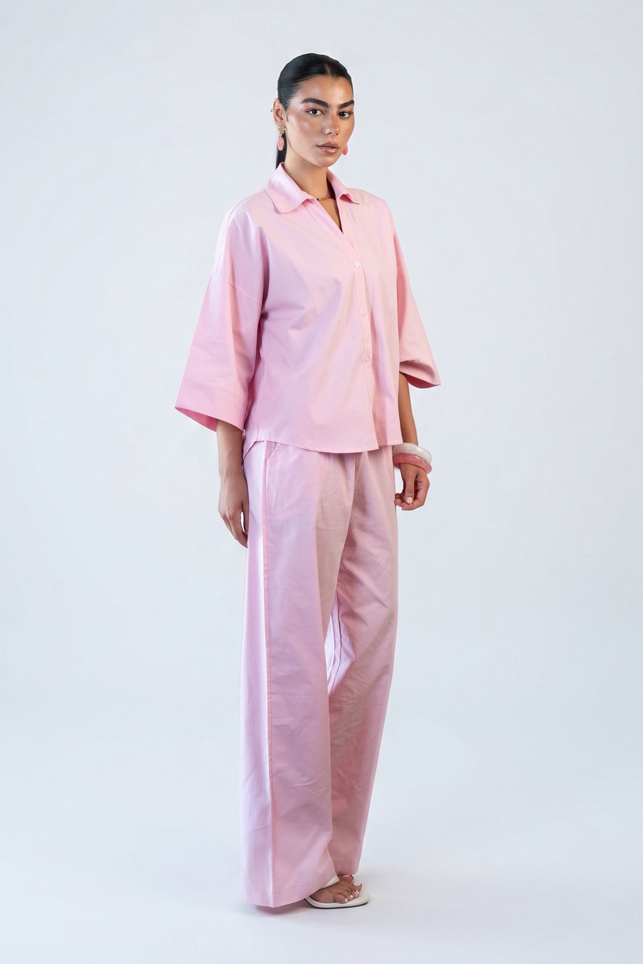 Wide Sleeve Linen Shirt - Pink
