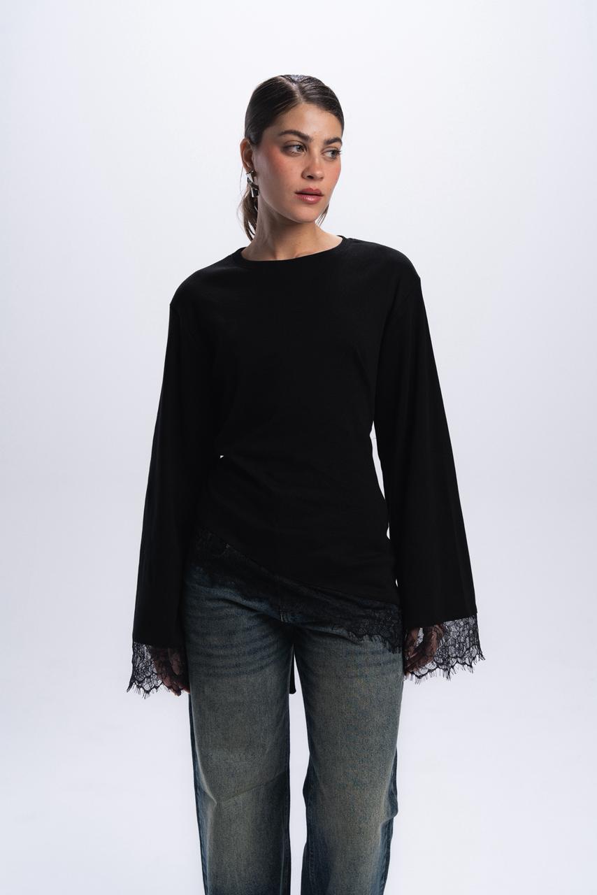 Long Sleeve Back tie lace Tee - Black