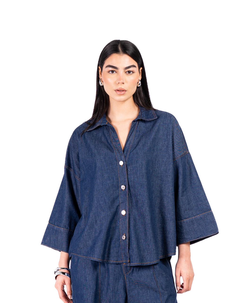 WIDE SLEEVE DENIM SHIRT - Dark Blue
