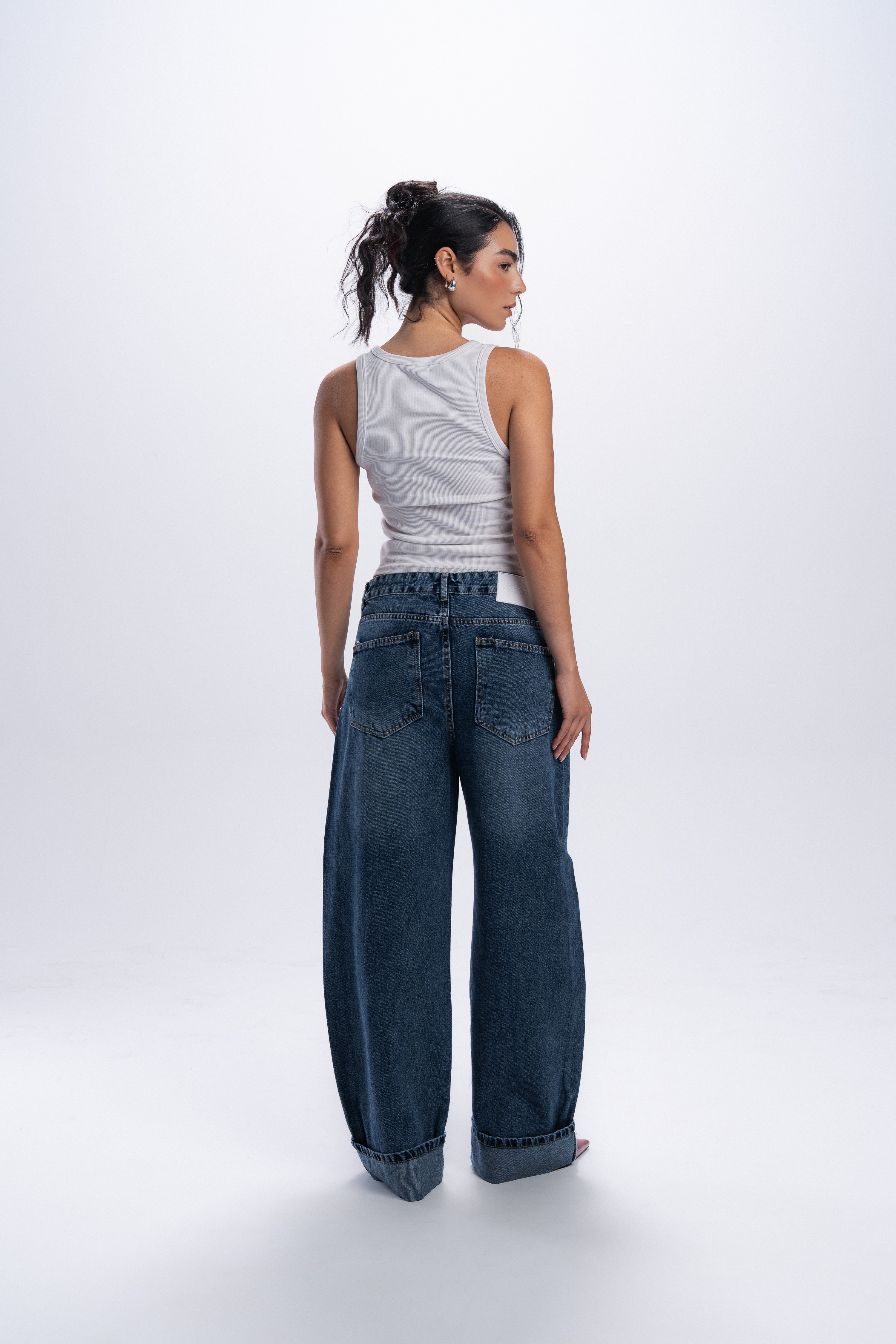 Baggy Folded Mid-Waist Jeans - Blue
