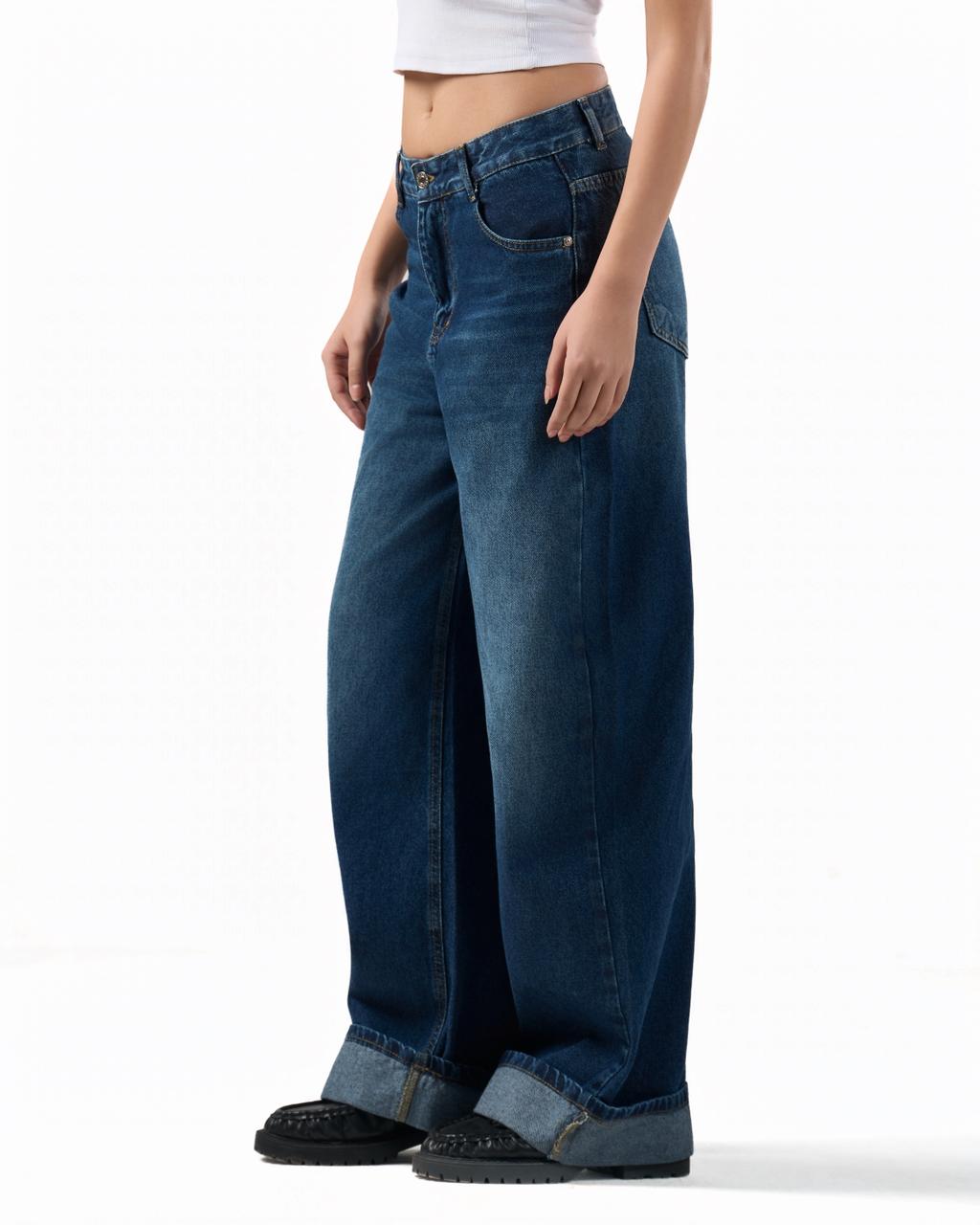 Baggy Folded Mid-Waist Jeans - Blue