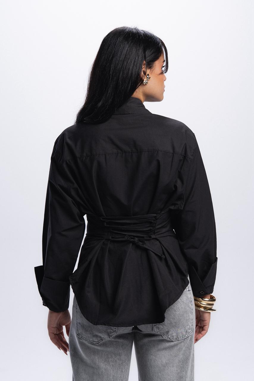 Back Tie Poplin Shirt - Black