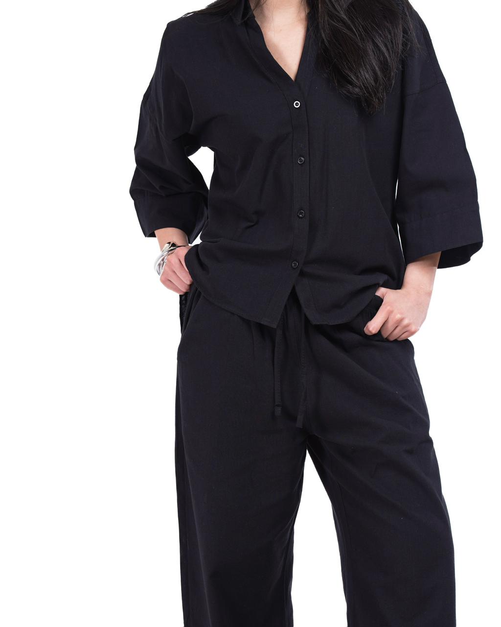 Wide Sleeve Linen Chemise - Black
