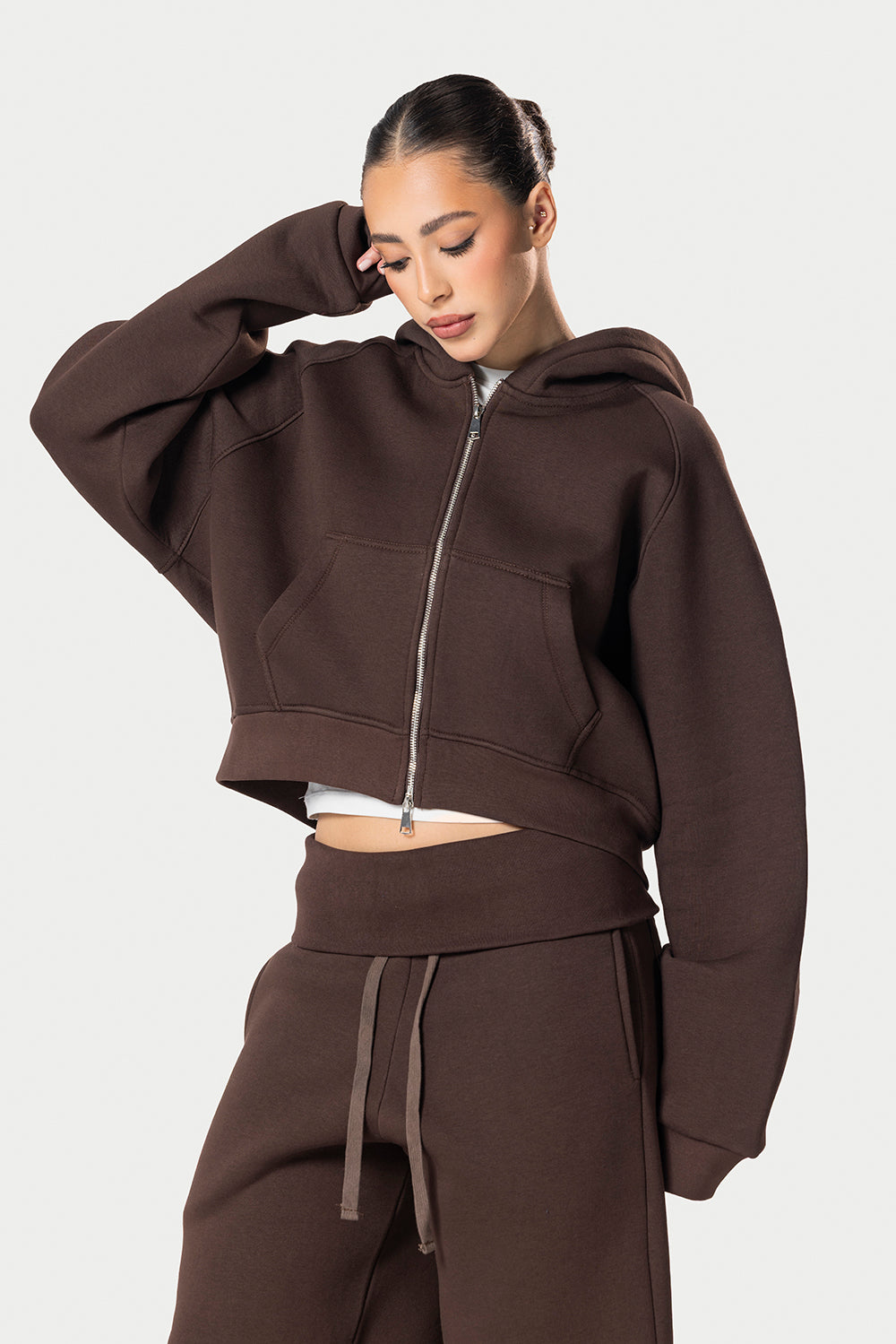 Cropped Double Zipper Jacket – Brown – photo 5