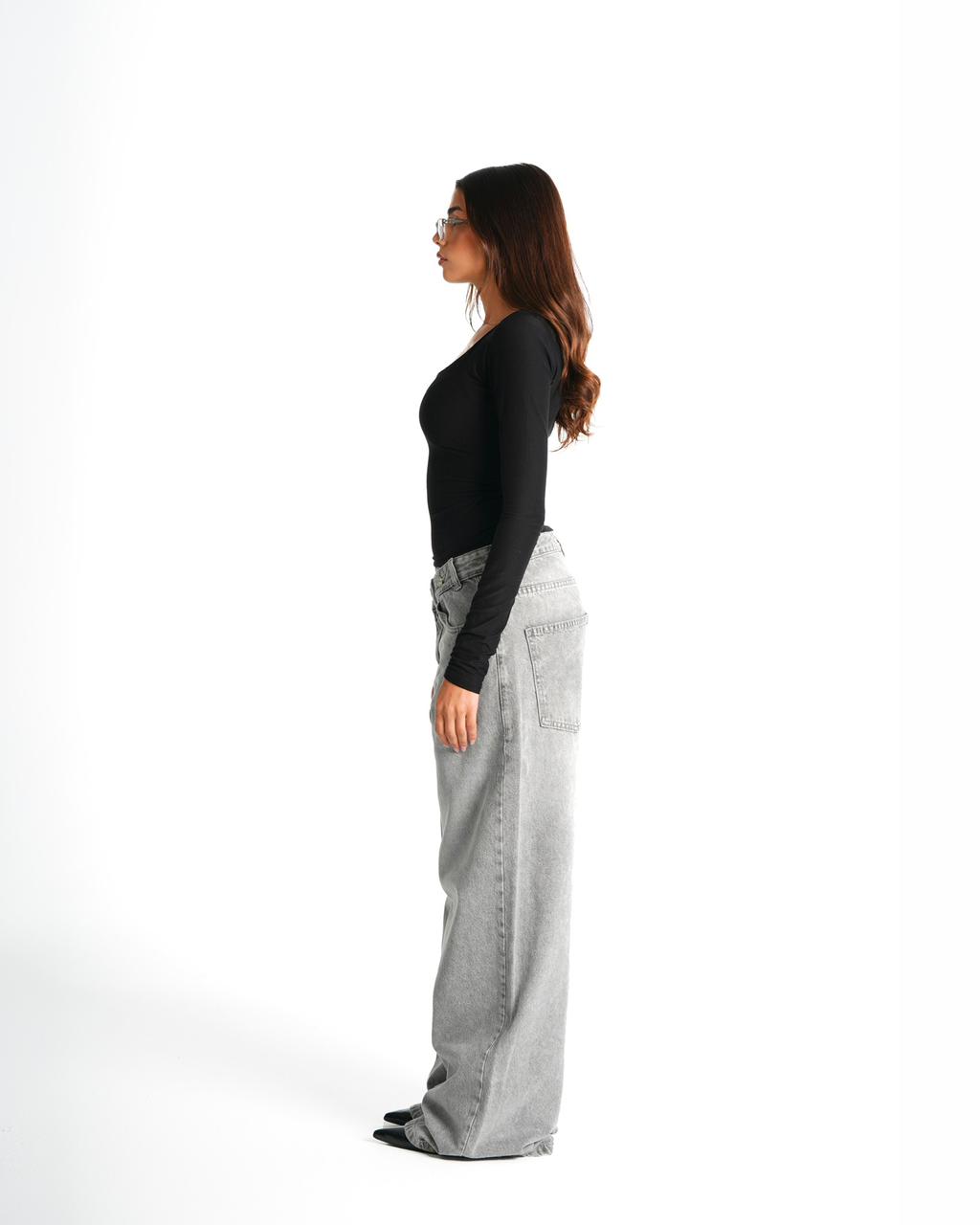 Cross-over waist wide leg jeans - light grey