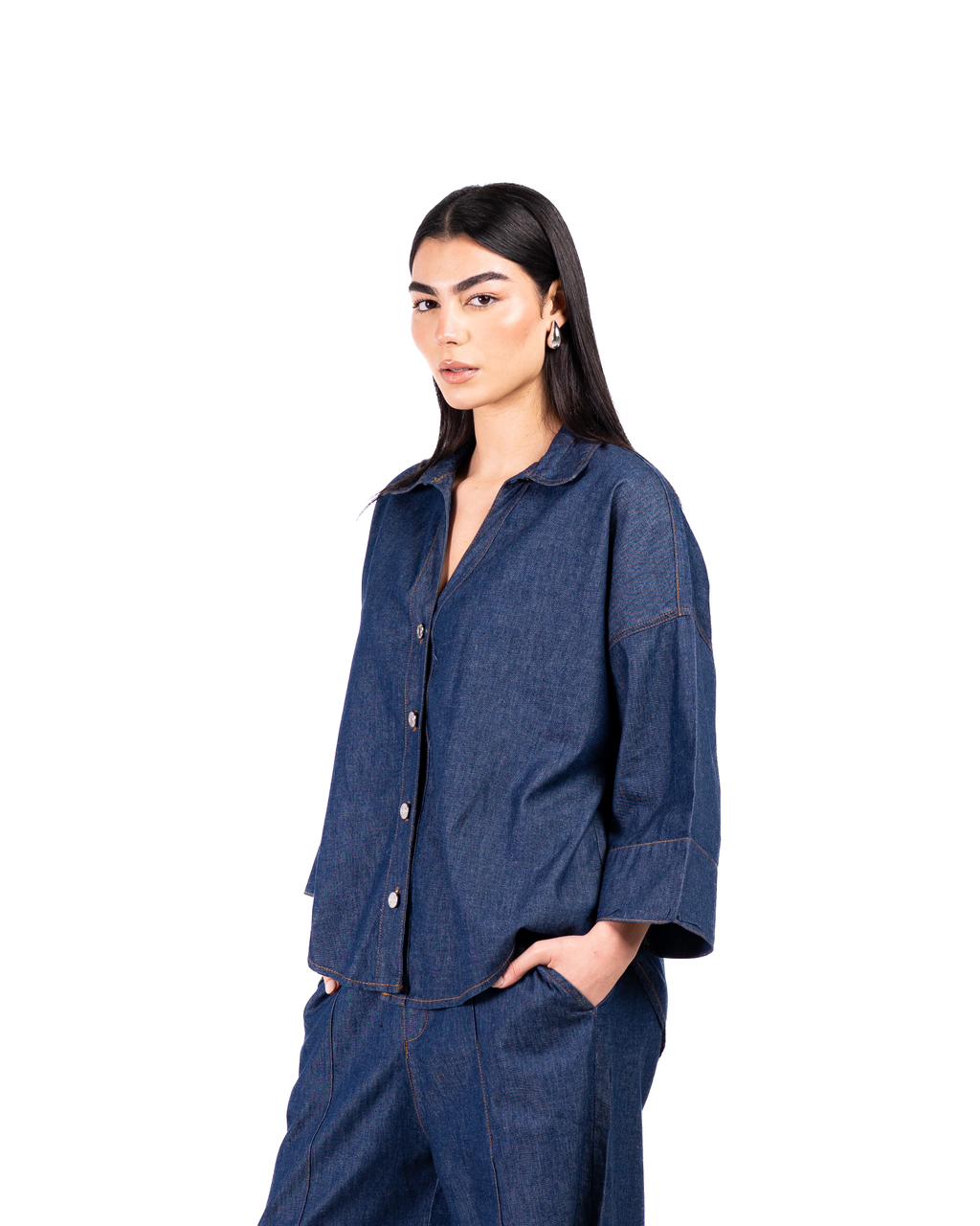 WIDE SLEEVE DENIM SHIRT - Dark Blue