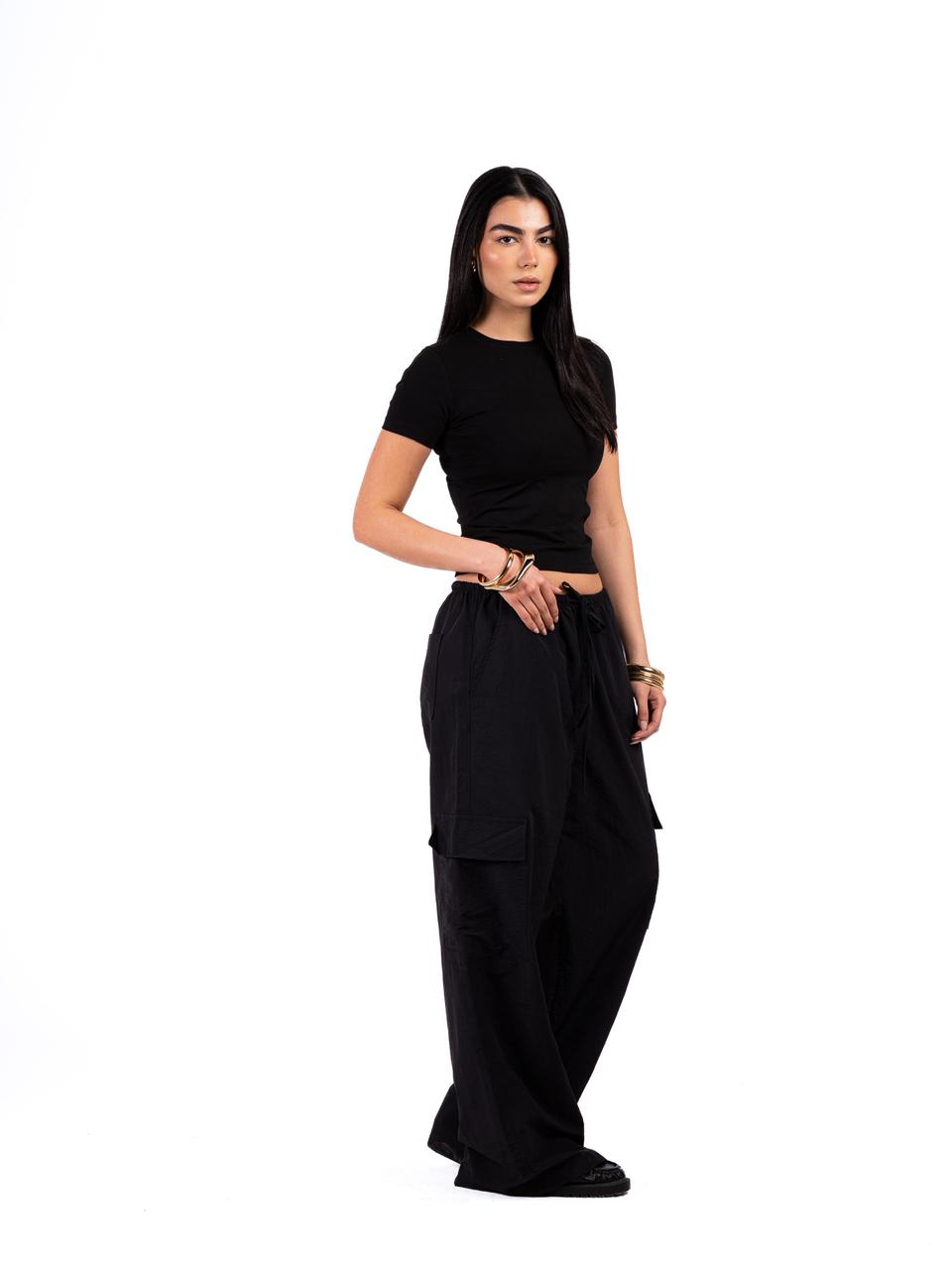 Wide Leg Parachute Pants - Black