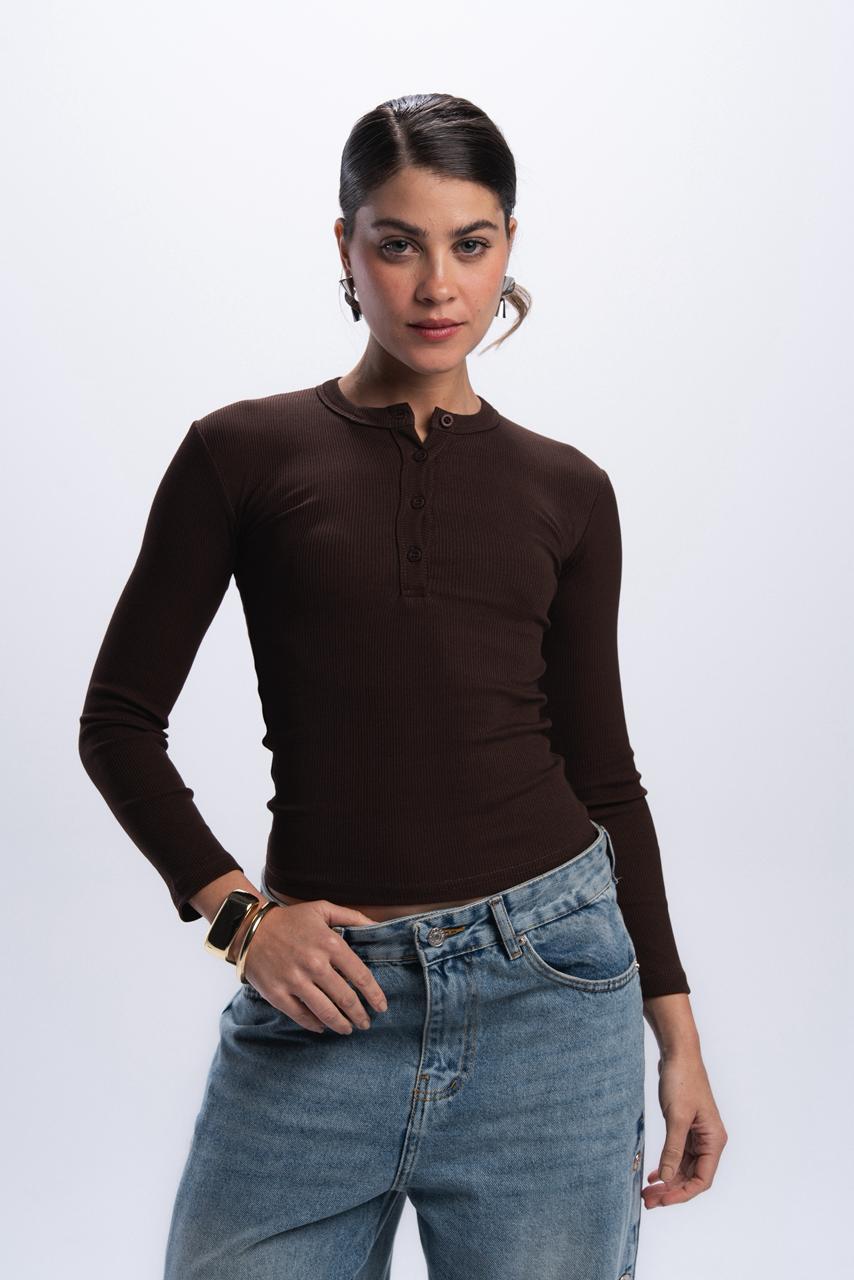 Long Sleeve buttons top - Brown