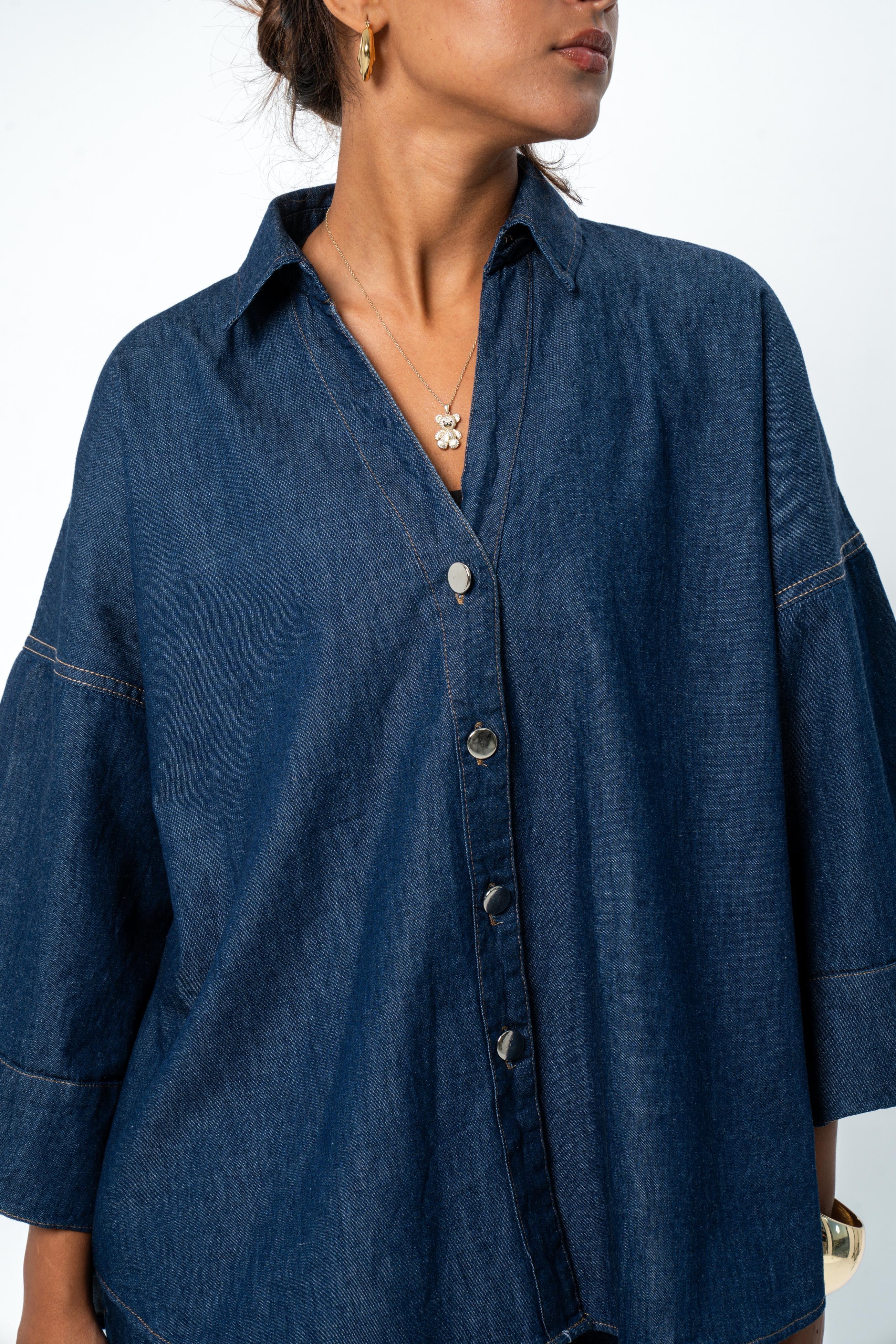 WIDE SLEEVE DENIM SHIRT - Dark Blue