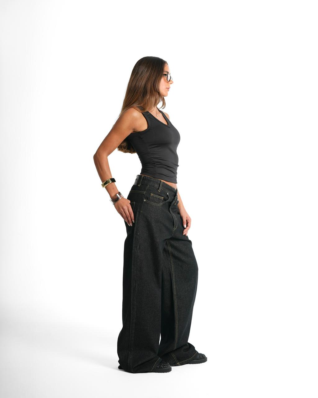 Cross-over waist wide leg jeans - Dark black