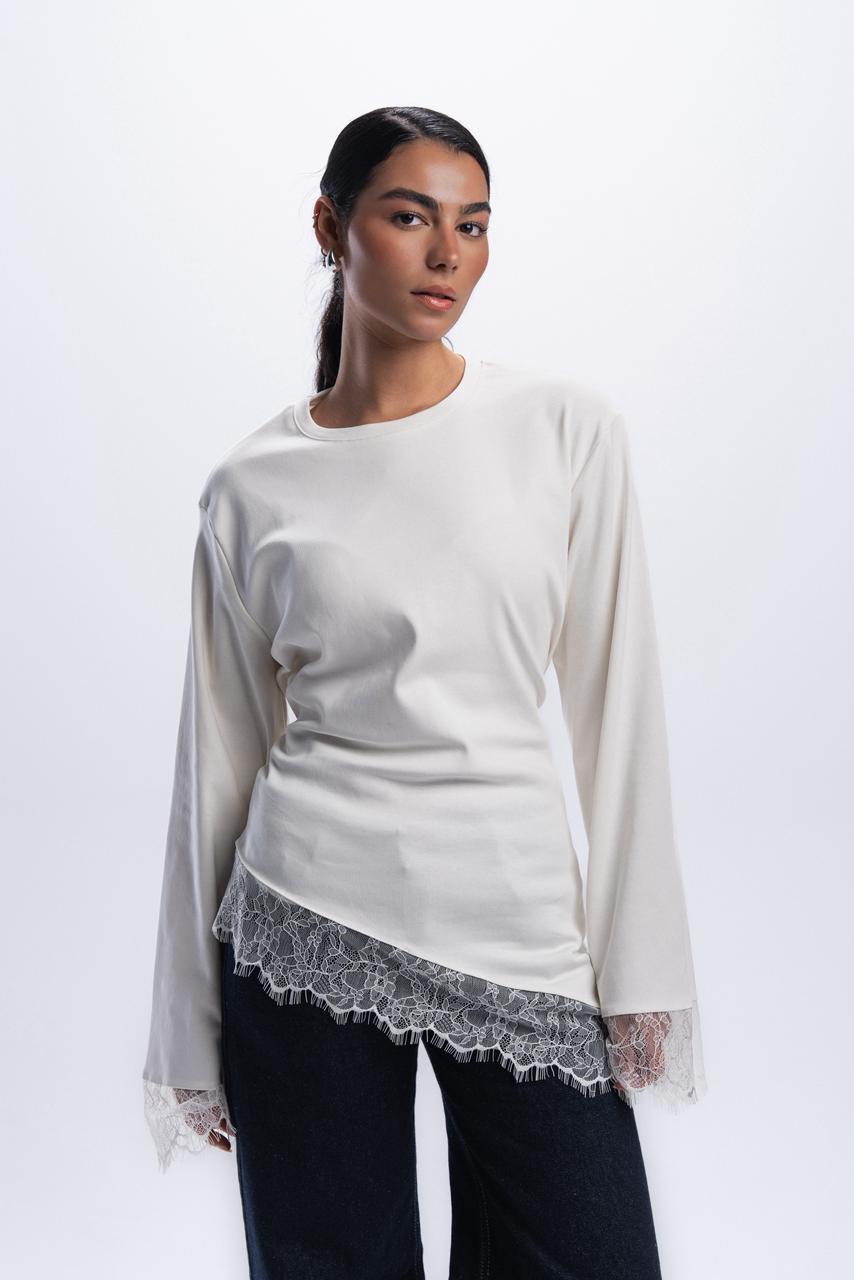 Long Sleeve Back tie lace Tee - Off white