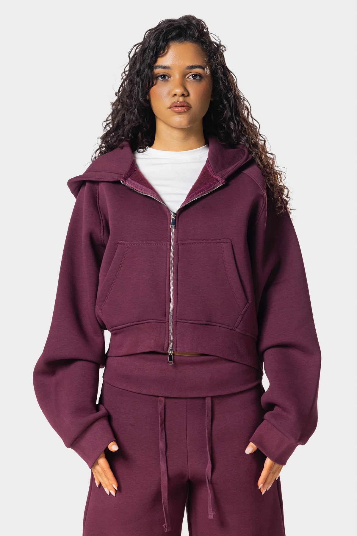 Cropped Double Zipper Jacket – Burgundy | Eighties