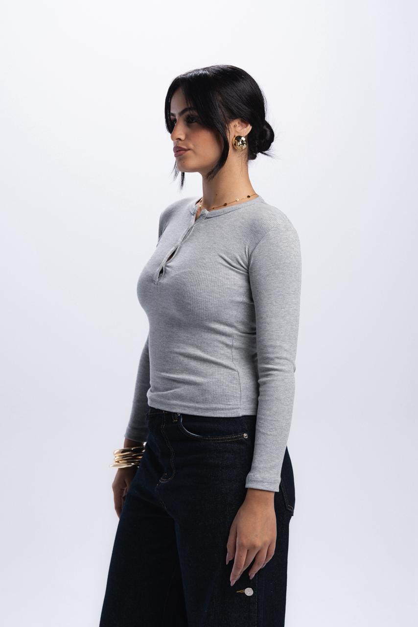 Long Sleeve buttons top - light grey