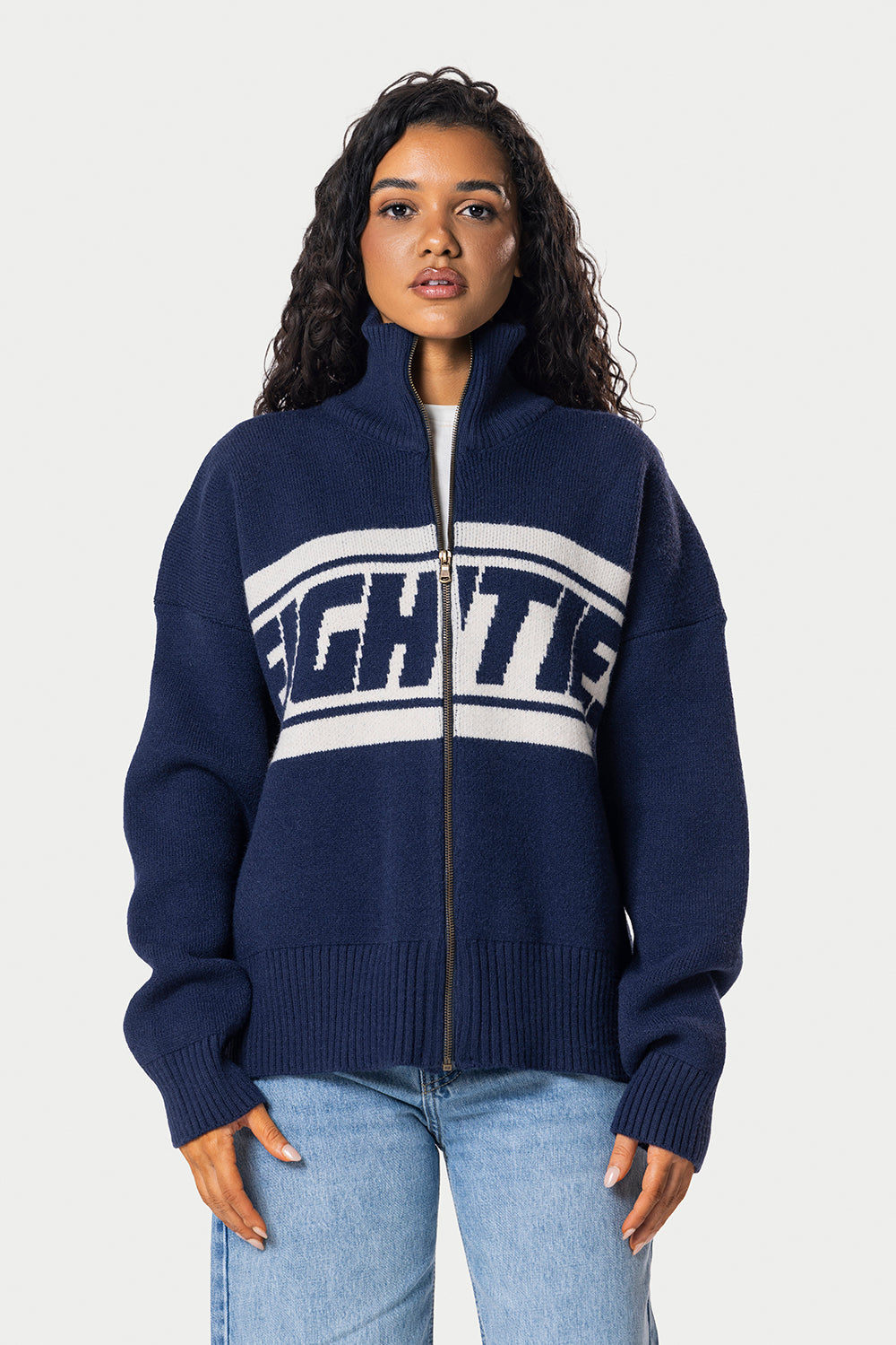 Eighties Zip Up knitted Sweater – Navy Blue | Eighties