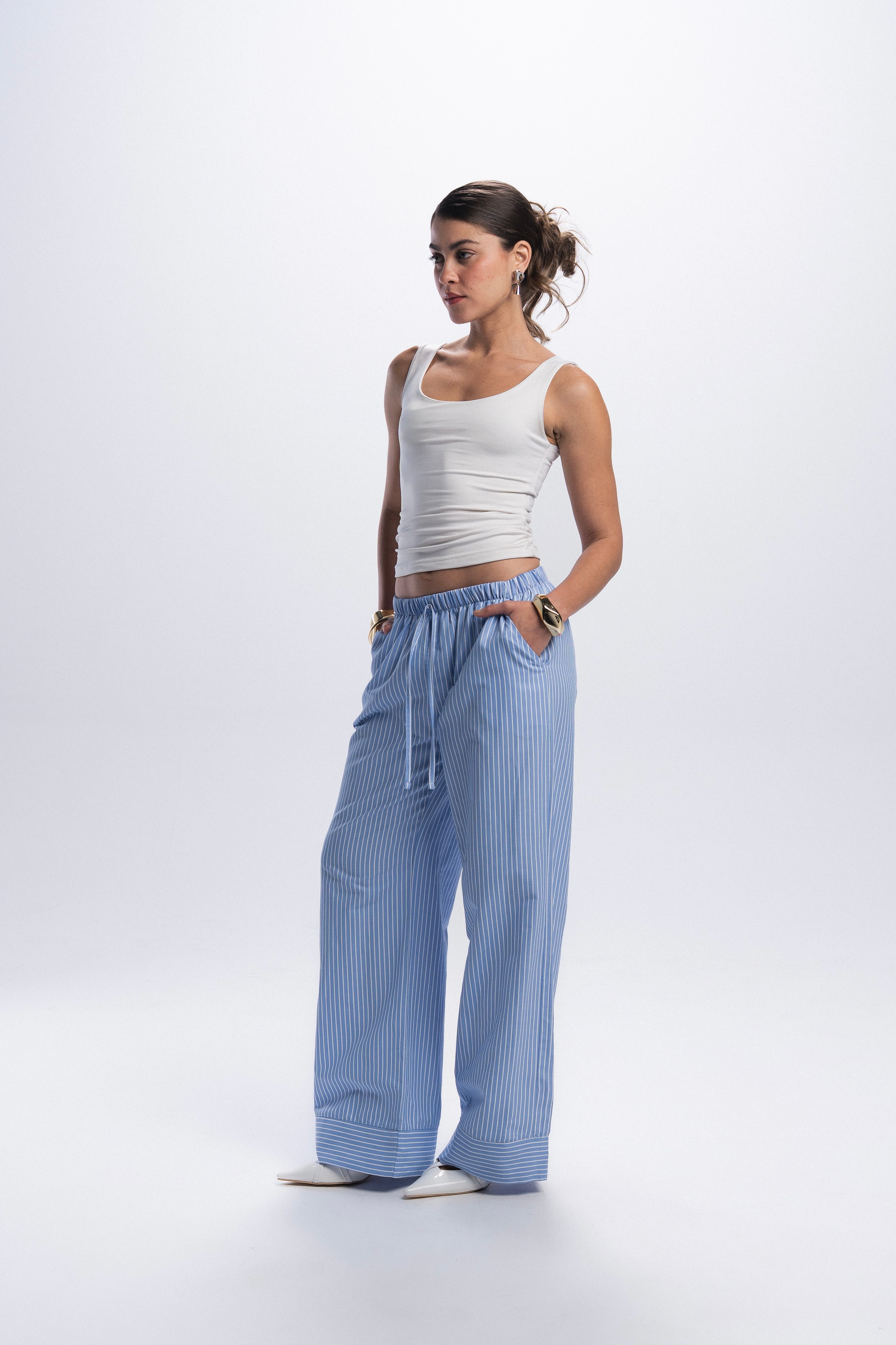 Striped Poplin Pants - Blue