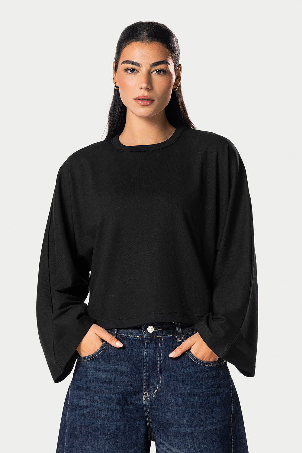 Wide Sleeve Cotton Tee – Black | Eighties