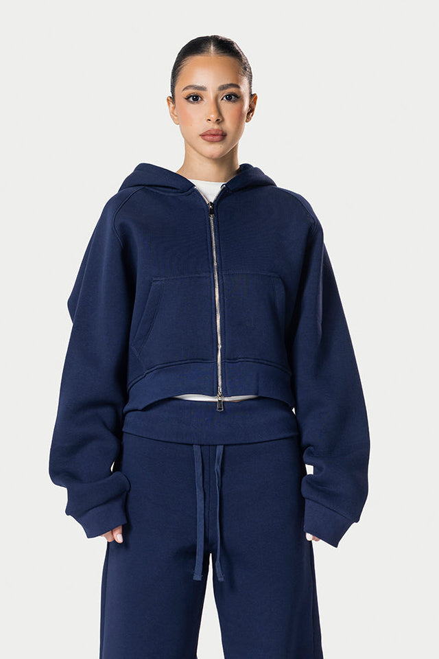 Cropped Double Zipper Jacket – Navy Blue