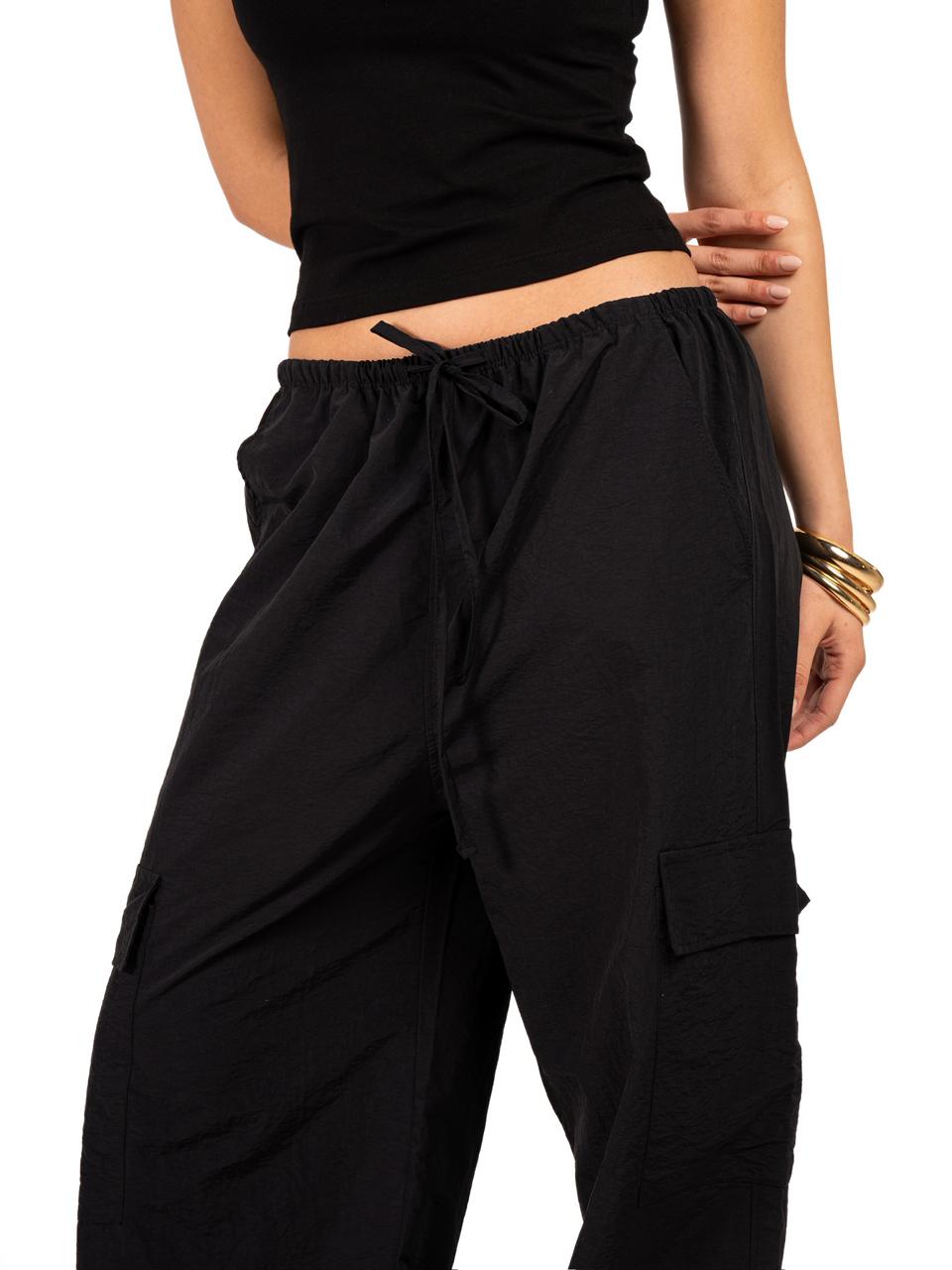 Wide Leg Parachute Pants - Black