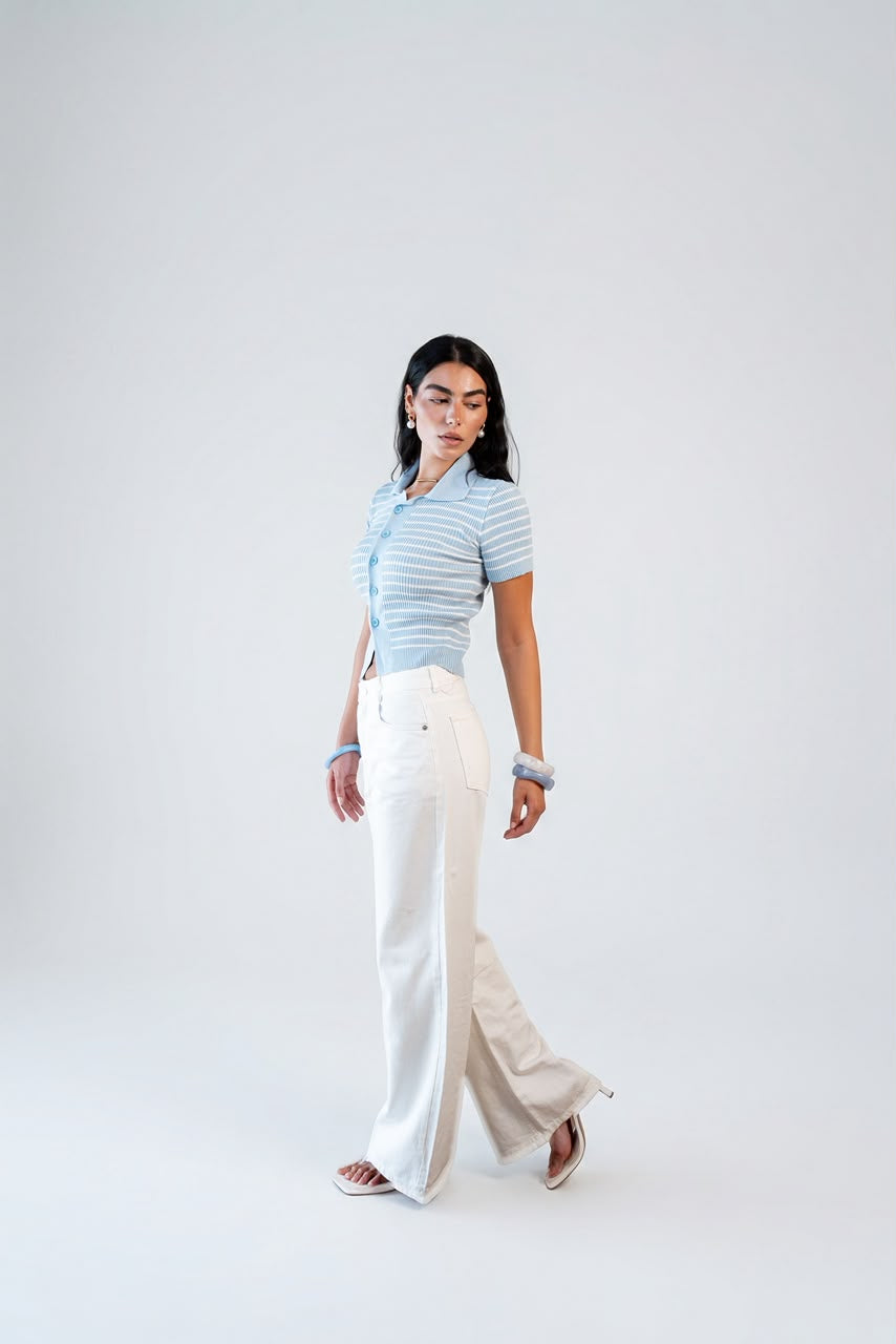 Buttoned Striped Knit Top - soft sky