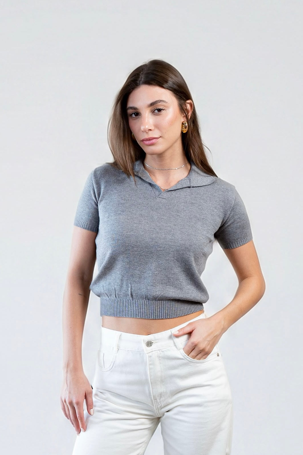 V-Neck Knitted Polo - Grey