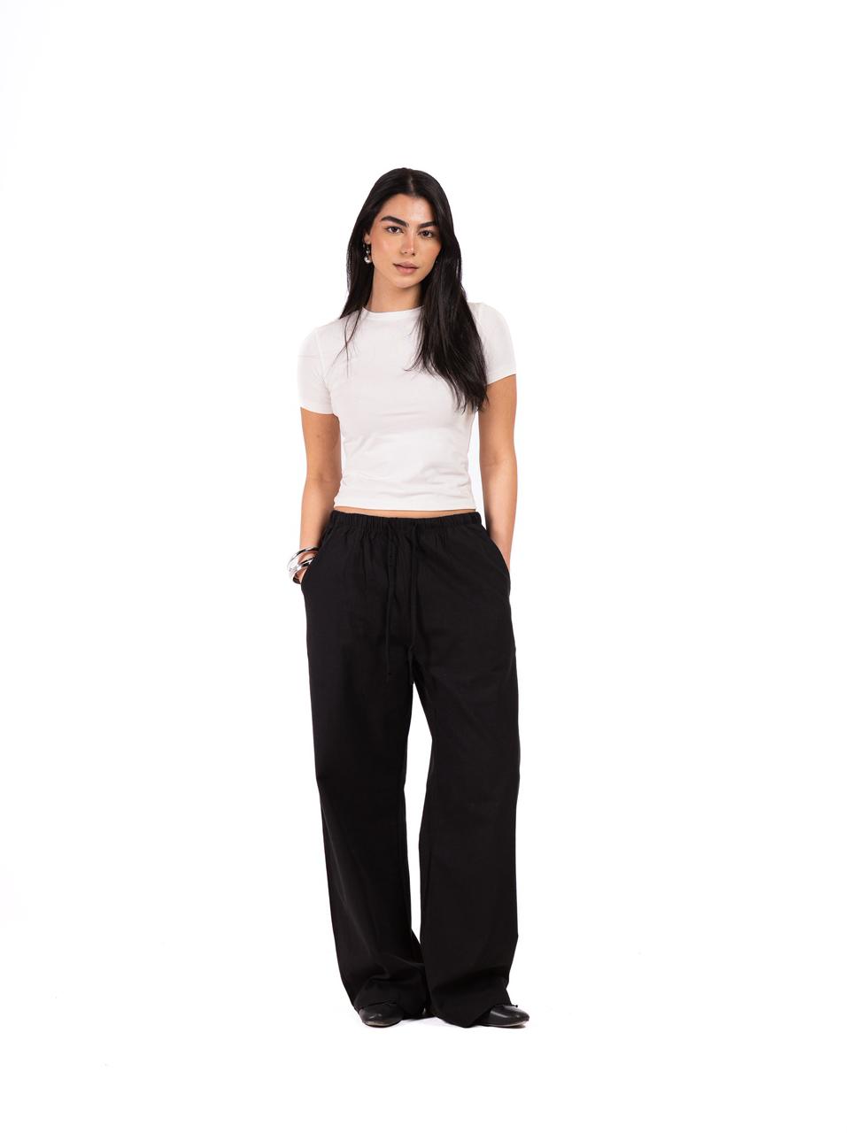 Wide Leg Linen Trousers -Black