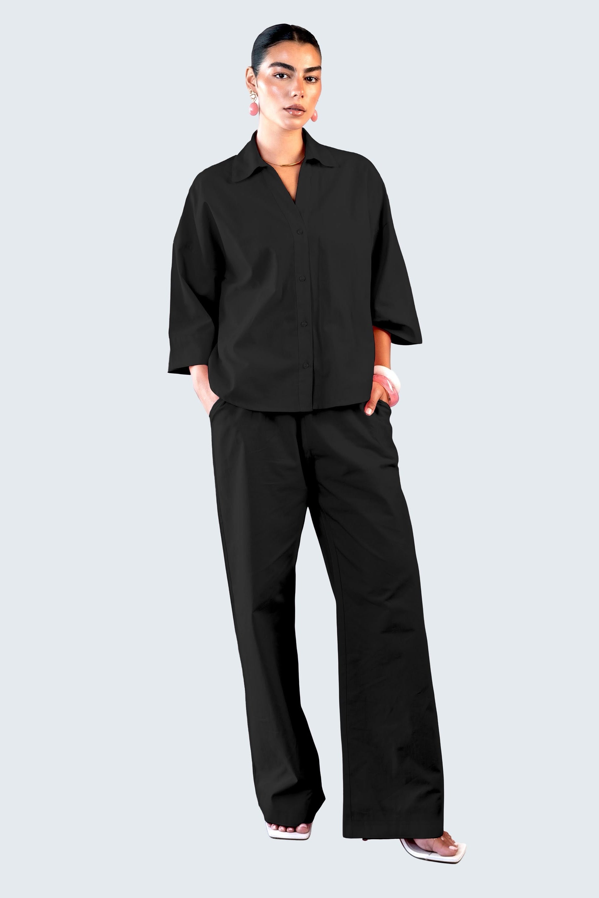 Wide Sleeve Linen Chemise - Black