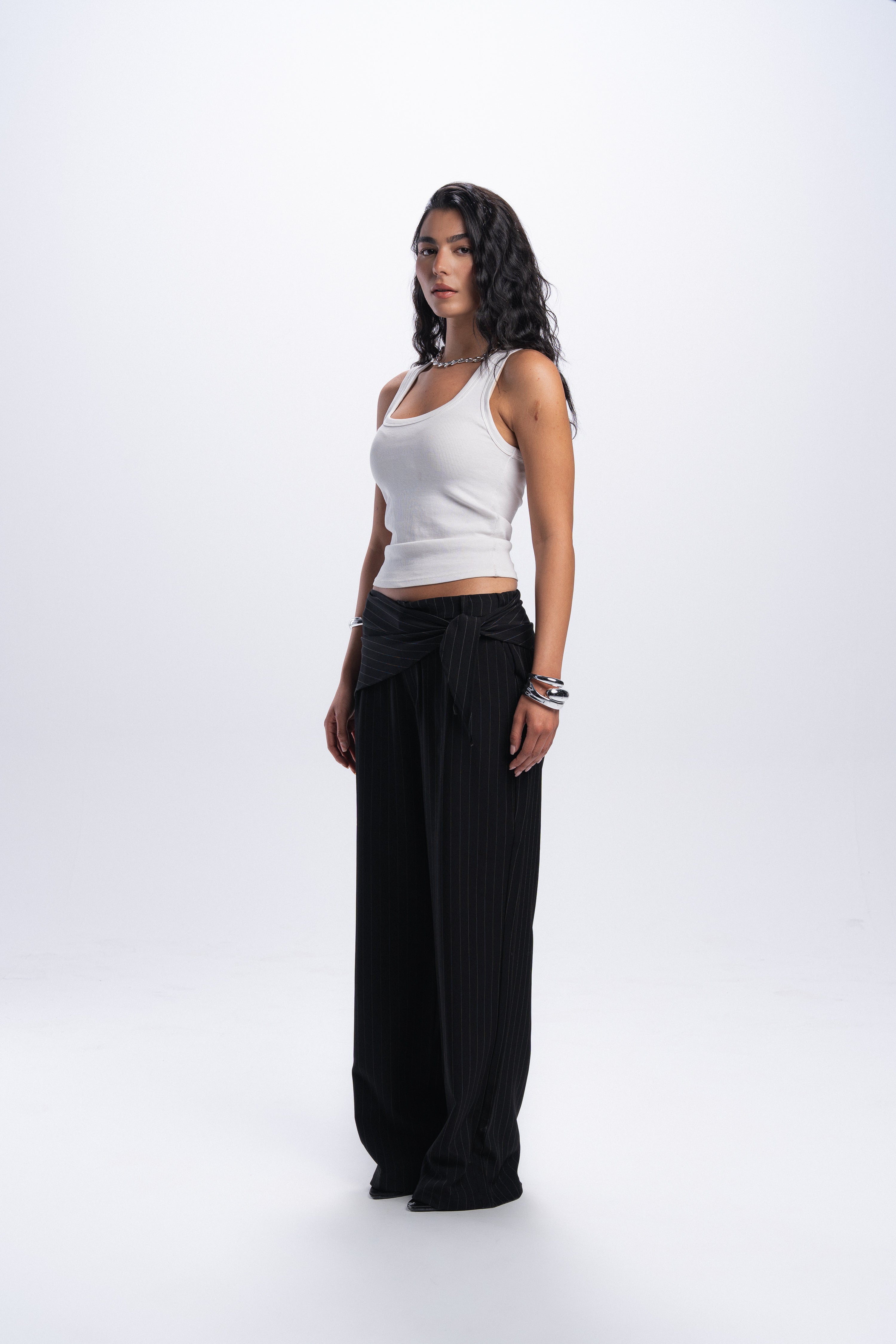 Scarf Pinstriped Pants - Black