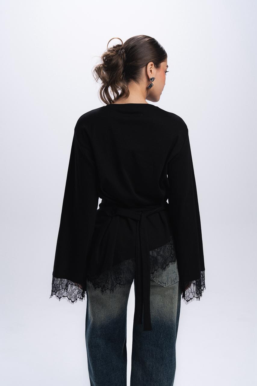 Long Sleeve Back tie lace Tee - Black