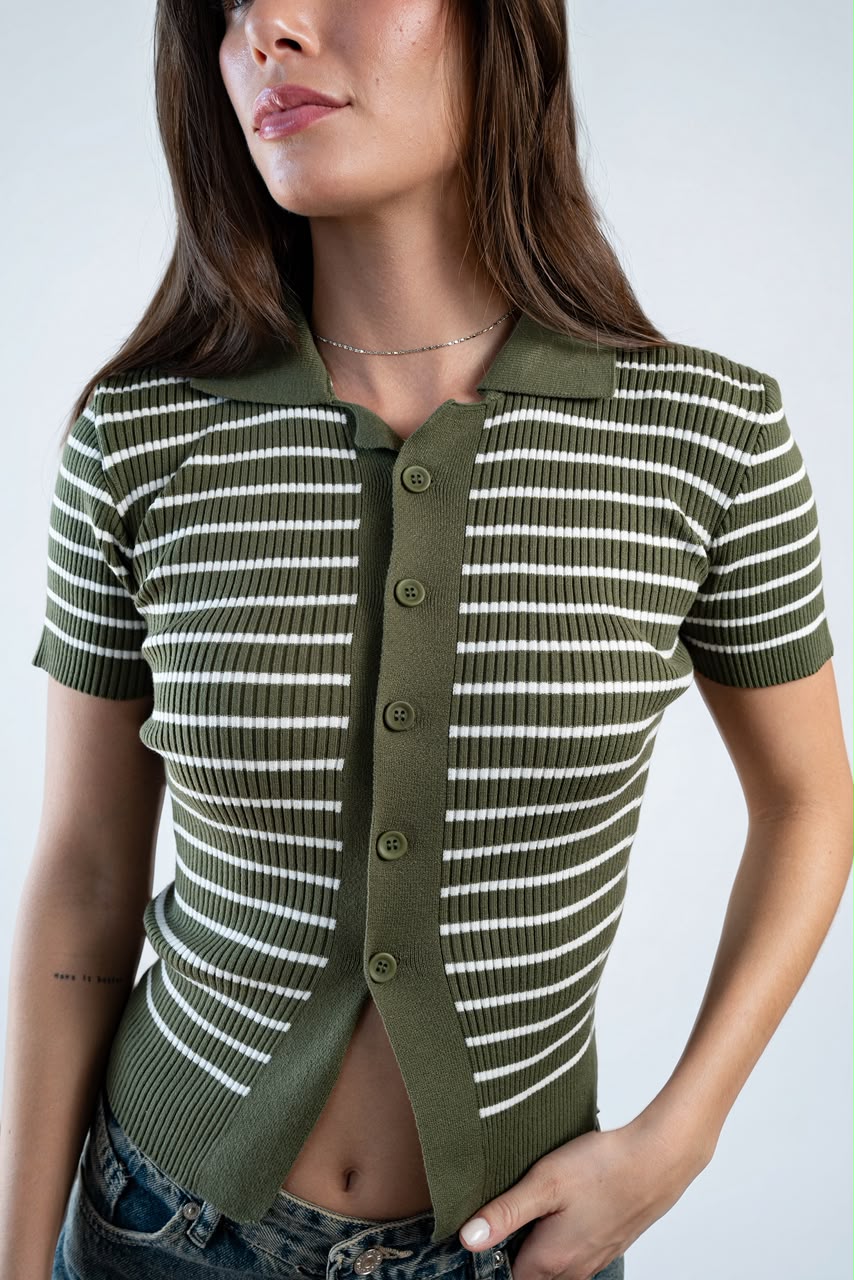 Buttoned Striped Knit Top - Olive cream