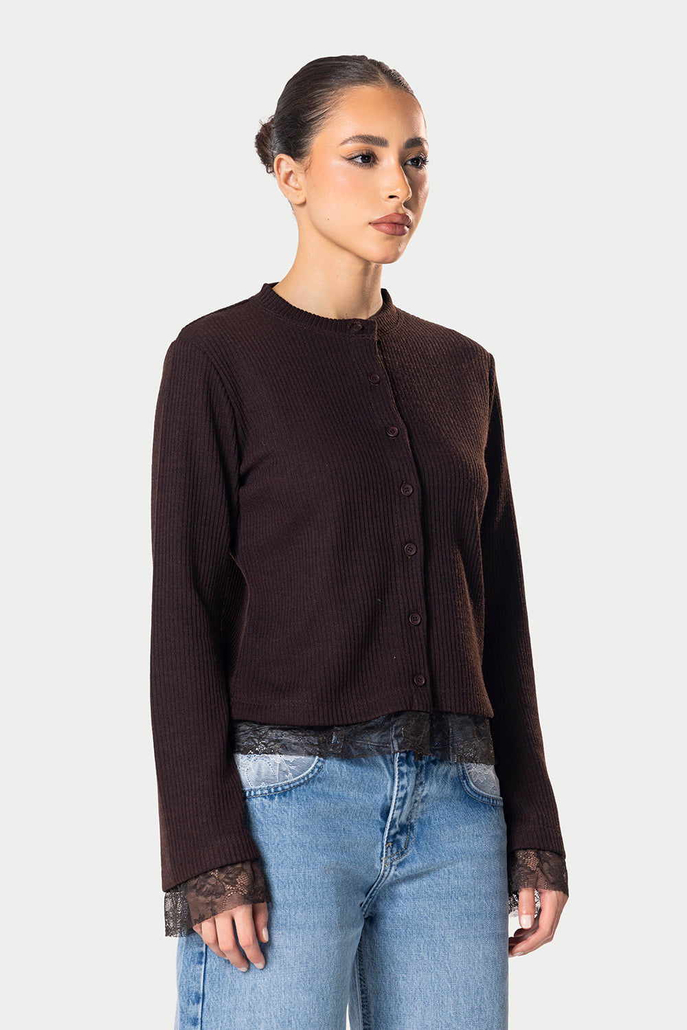 Long sleeve lace buttons top – Brown – photo 3