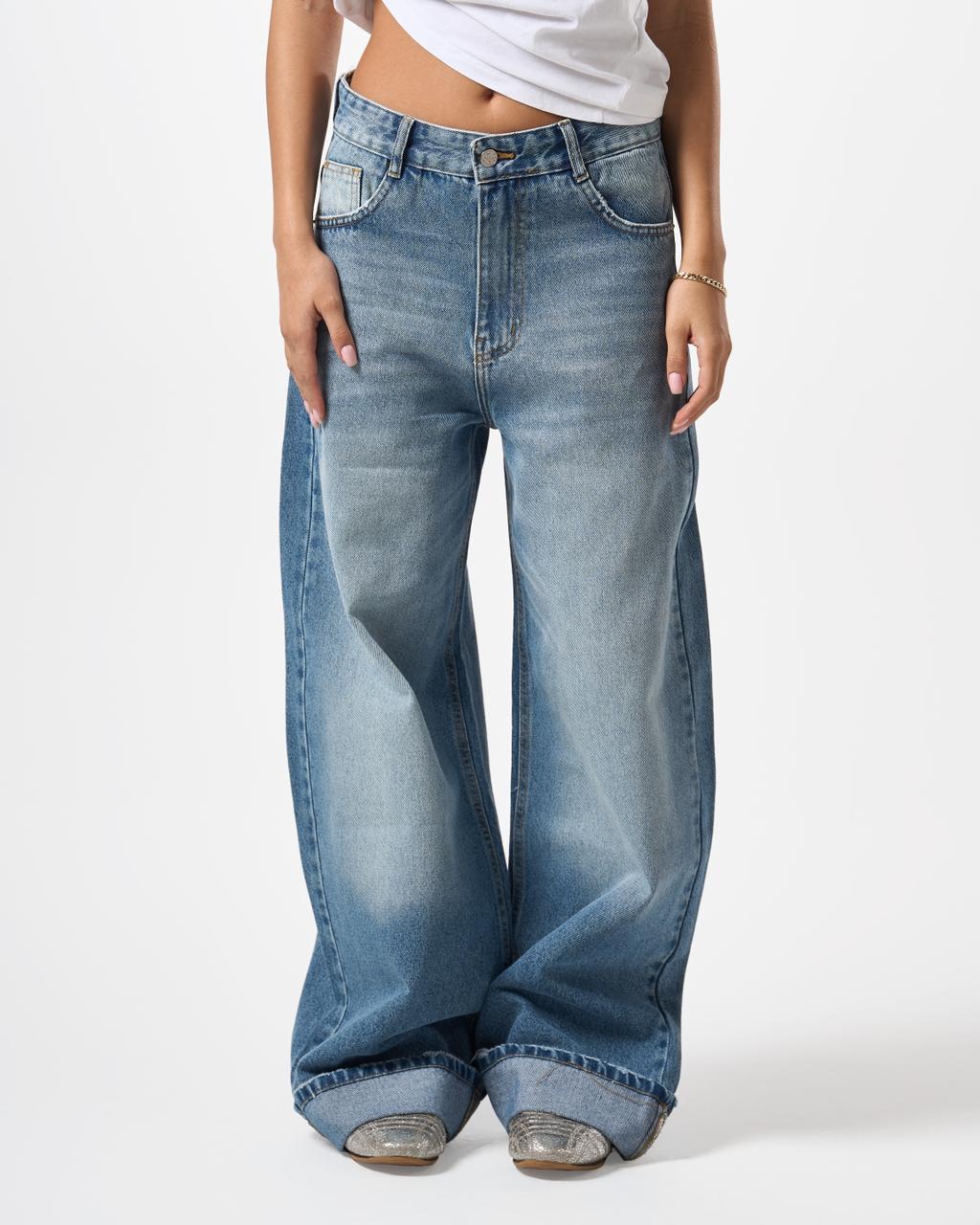 Baggy Folded Mid-Waist Jeans - light blue