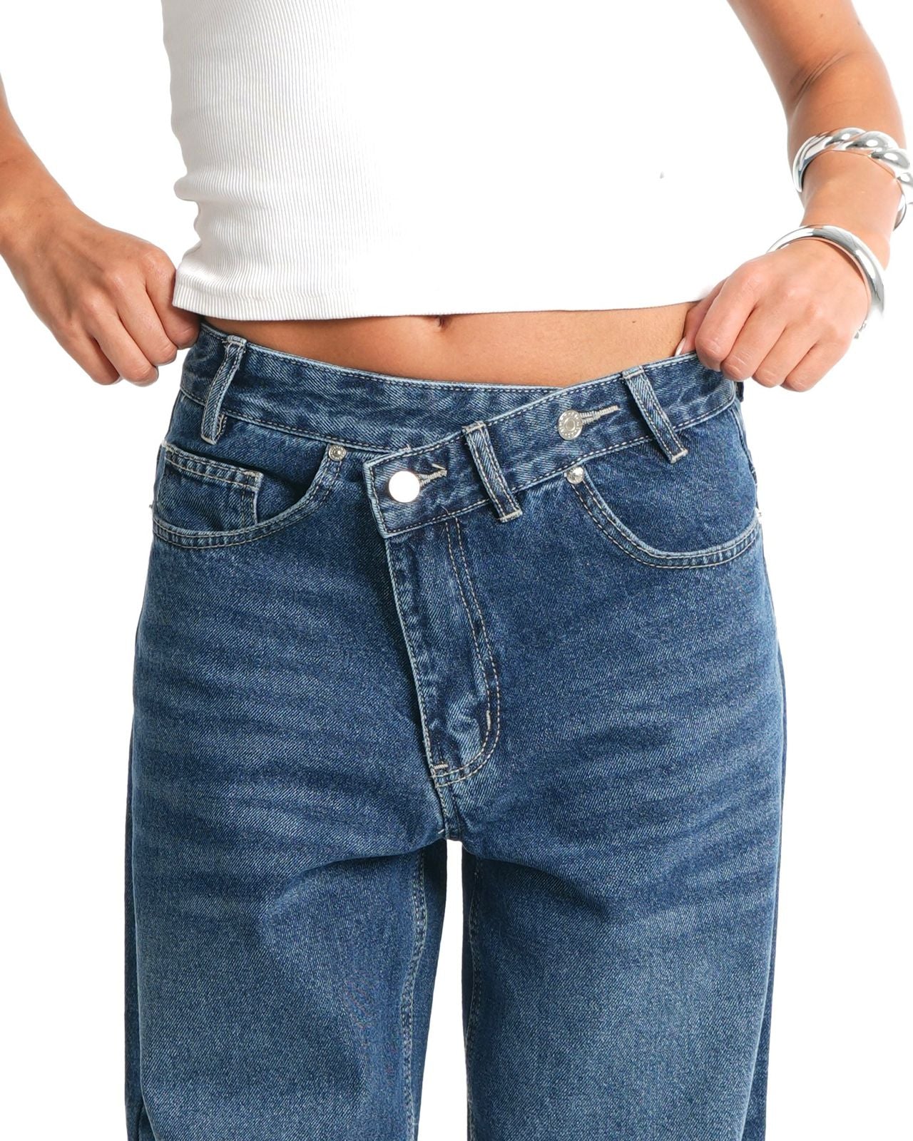 Cross-over waist wide leg jeans
 - Blue