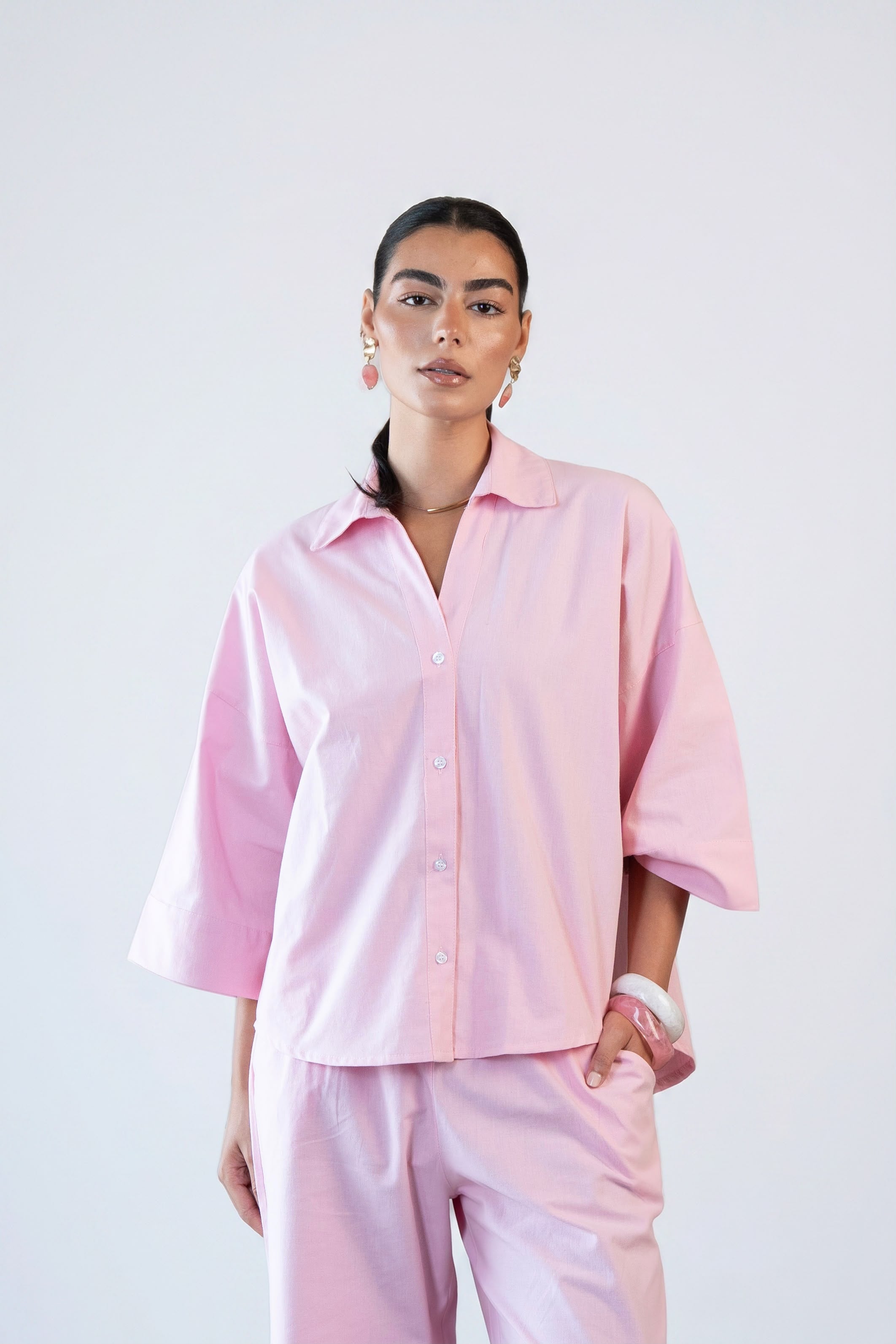 Wide Sleeve Linen Shirt - Pink