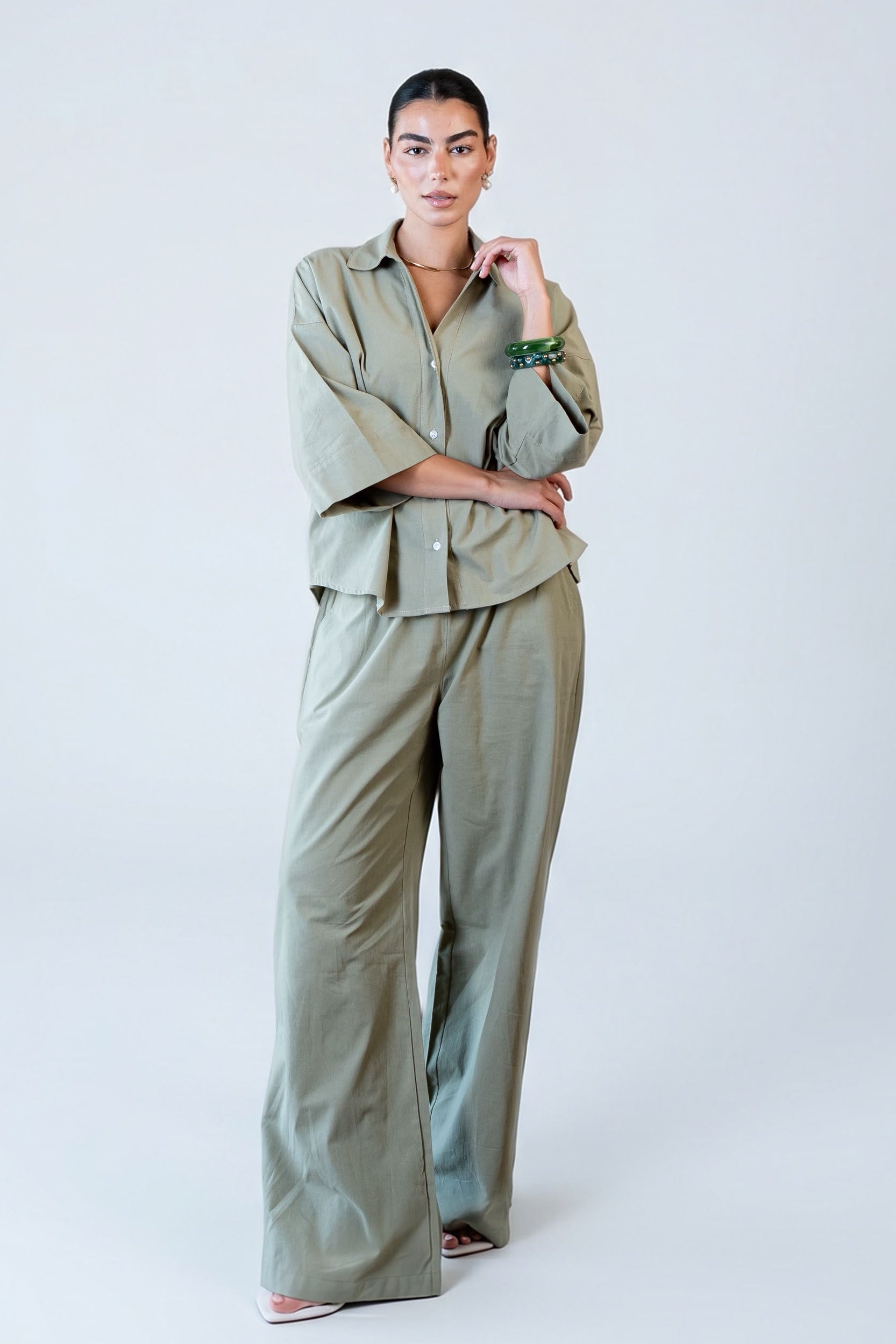Wide Sleeve Linen Chemise -Olive
