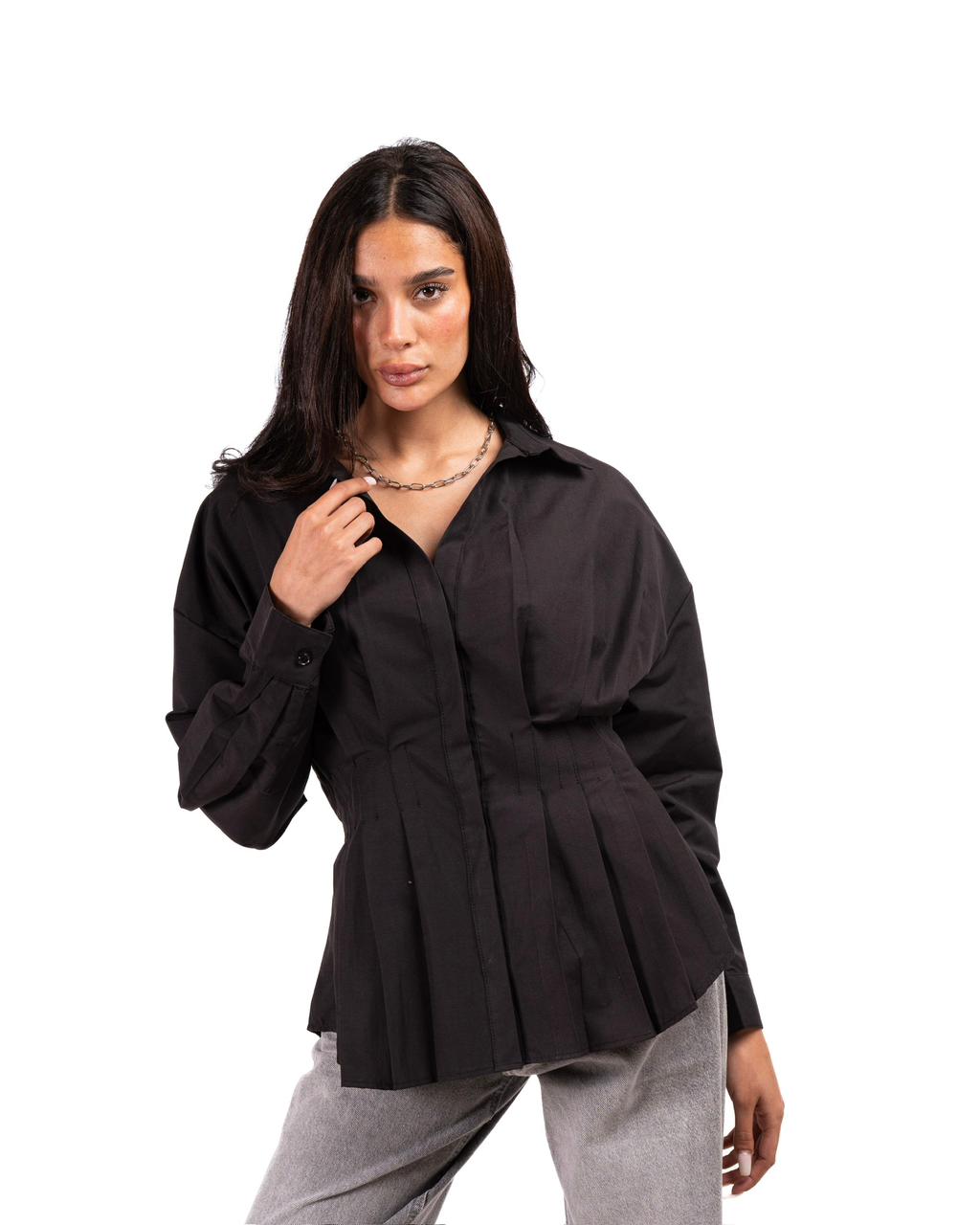 Poplin Pleated Shirt - Black