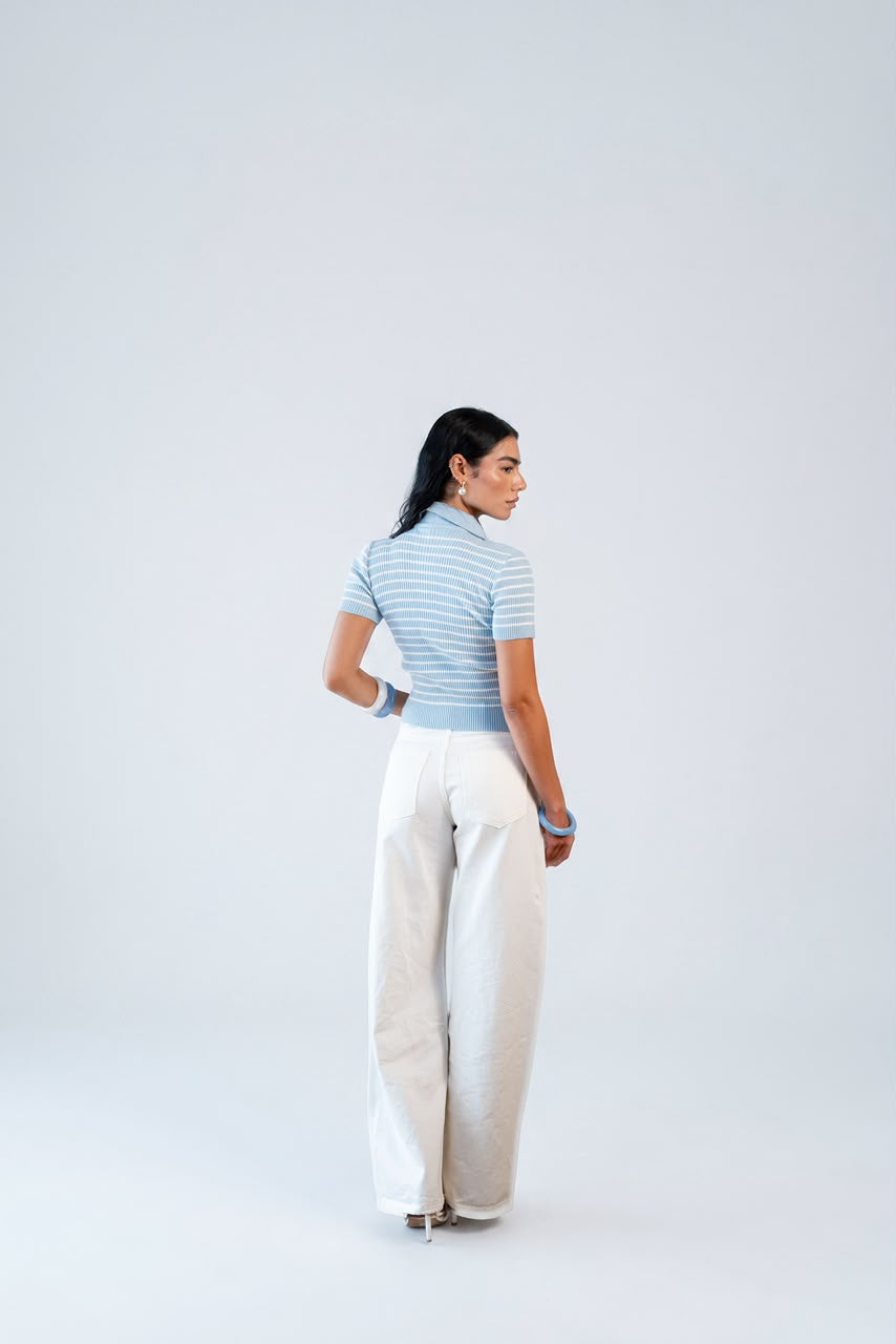 Buttoned Striped Knit Top - soft sky