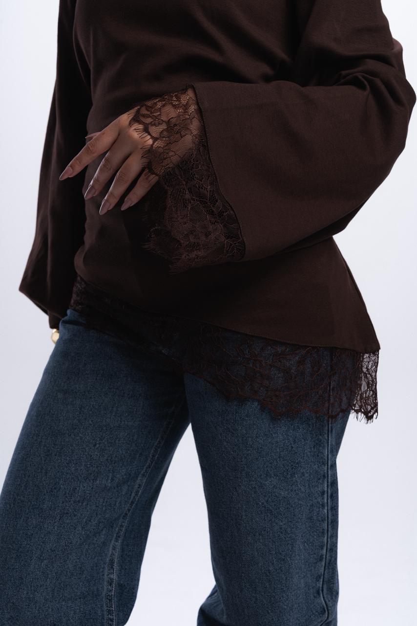 Long Sleeve Back tie lace Tee - Brown
